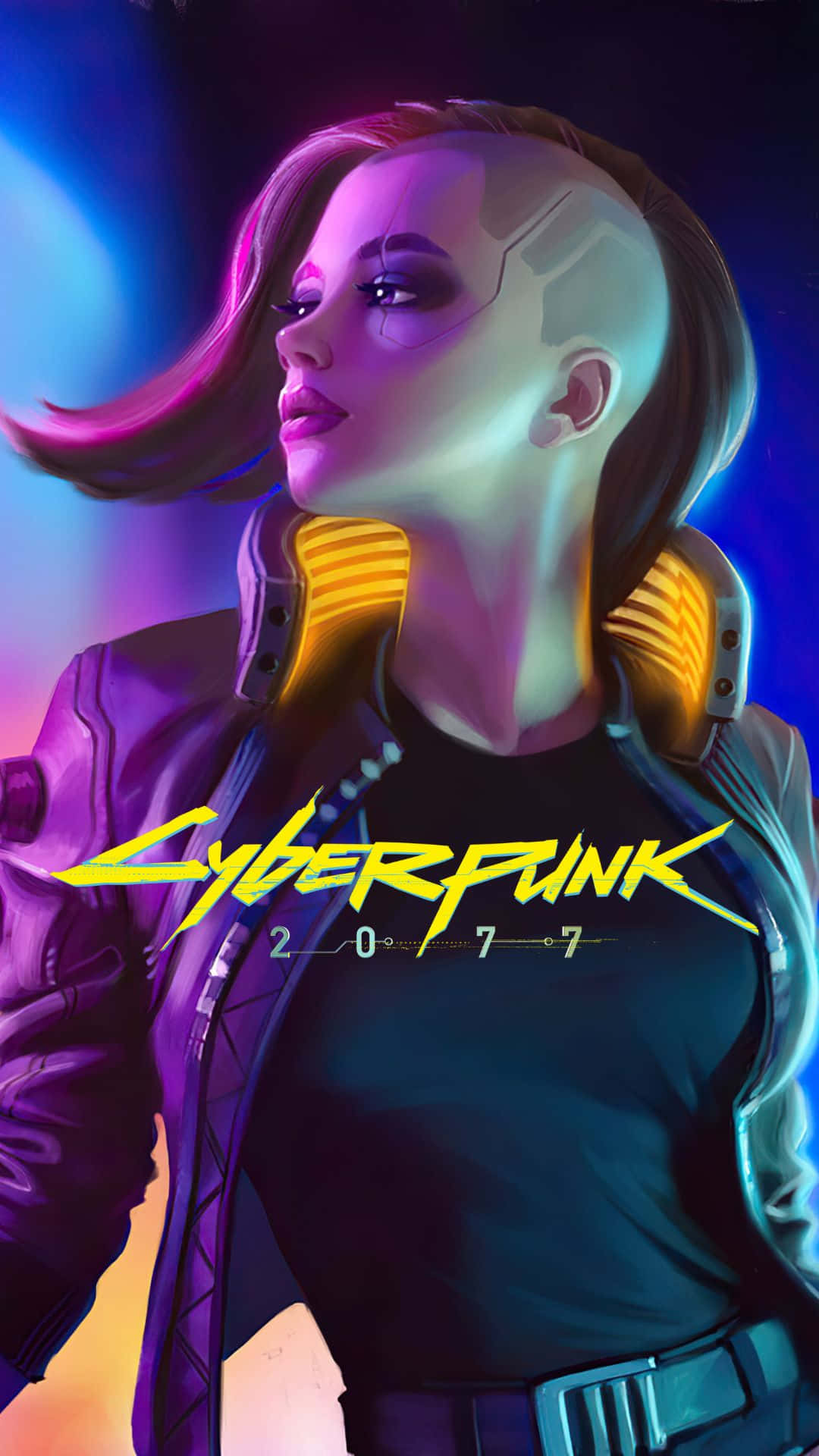 Cyberpunk 2077 桌布 壁紙 — 一位擁有發光賽博增強裝置和霓虹髮色的賽博龐克女性，站在充滿活力的藍色和紫色數位背景前。