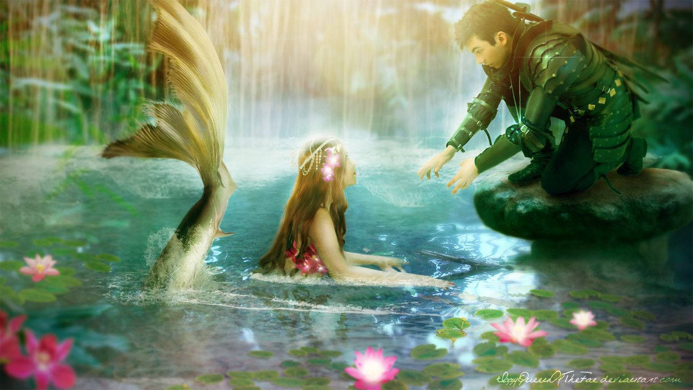 美人魚 桌布 壁紙 — 一位擁有發光頭髮的美人魚坐在陽光照耀的池塘中，而一位身穿綠色盔甲的騎士跪下來觸碰她的手。