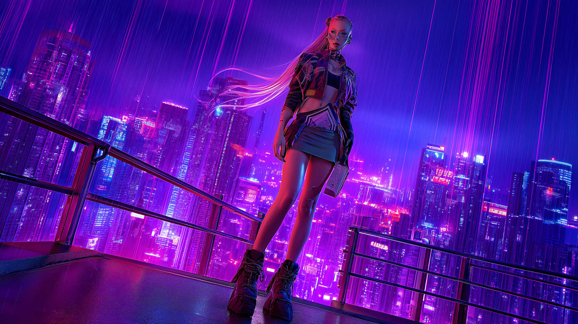 Cyberpunk Cityscape with Lone Figure Under Neon Lights 壁紙 — 一位擁有發光頭髮的賽博龐克女性站在被雨水浸濕的屋頂上，俯瞰著沐浴在紫色和藍色光芒中的霓虹城市景觀。