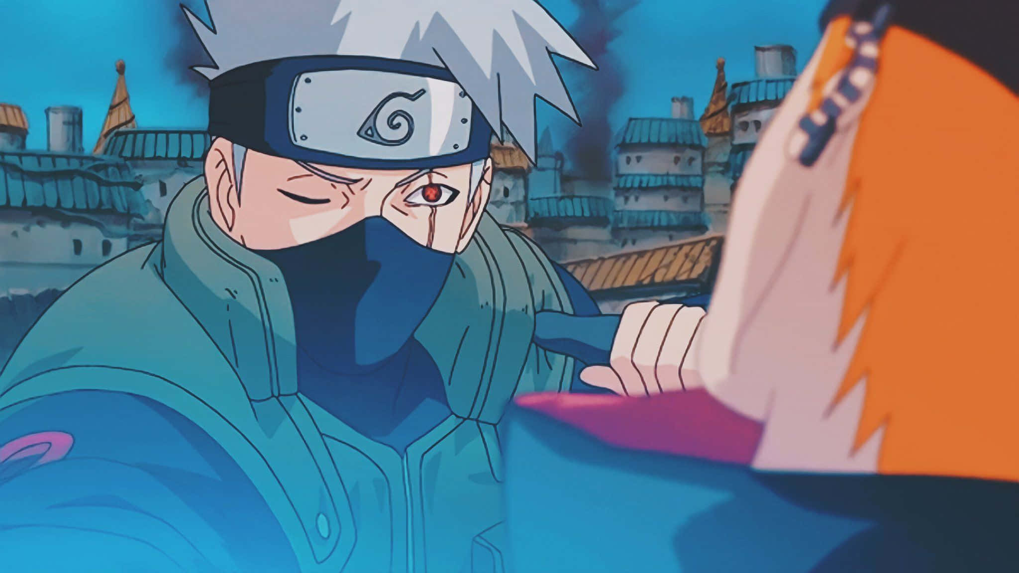 Kakashi And Pain 桌布 壁紙 — 一位擁有白色尖刺頭髮和紅色眼睛的動漫忍者，在村莊對峙中凝視著。