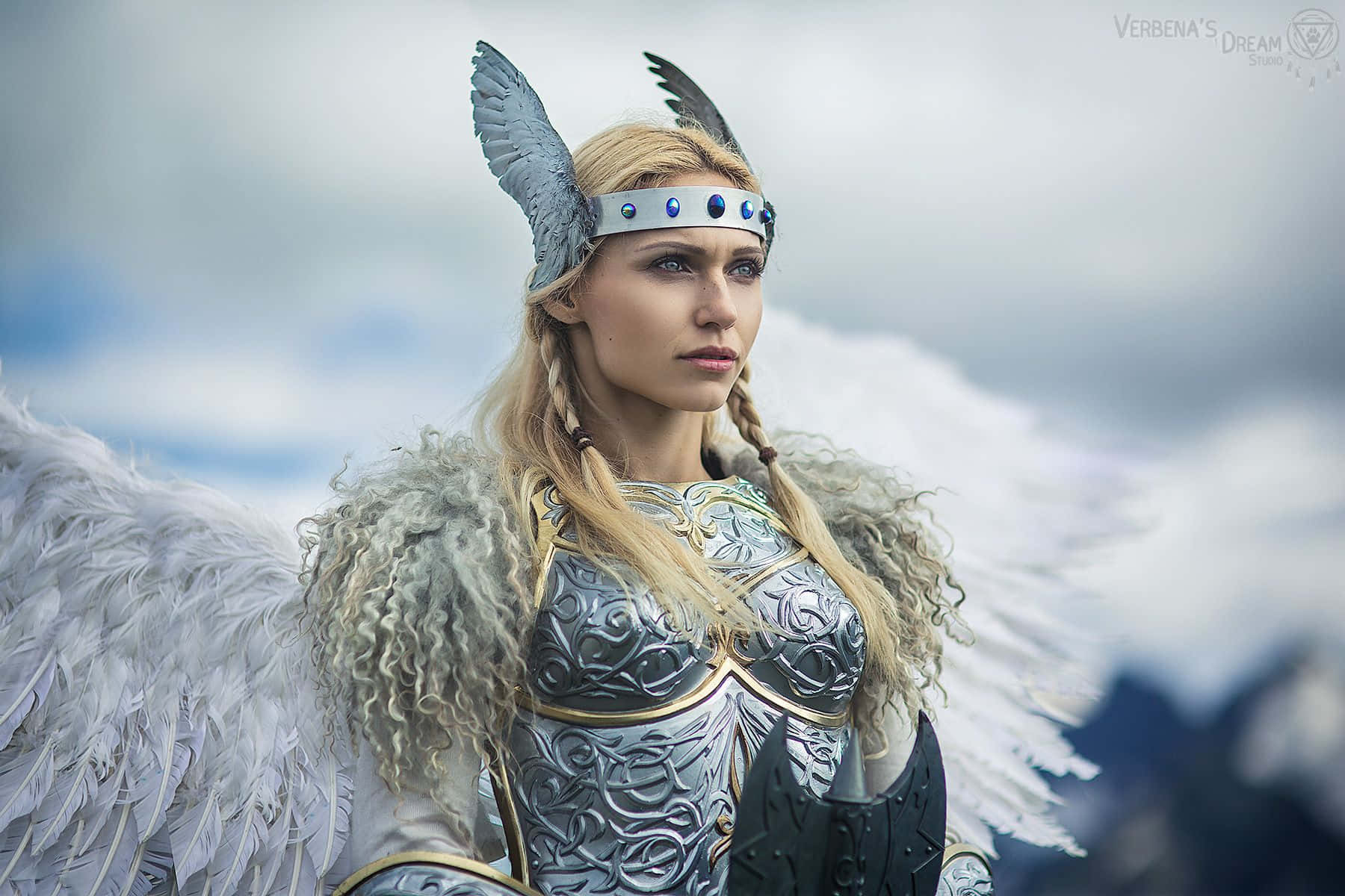 Female Viking Warriors 桌布 壁紙 — 一位擁有白色羽毛翅膀和華麗銀色盔甲的天使戰士站在多雲的天空下。