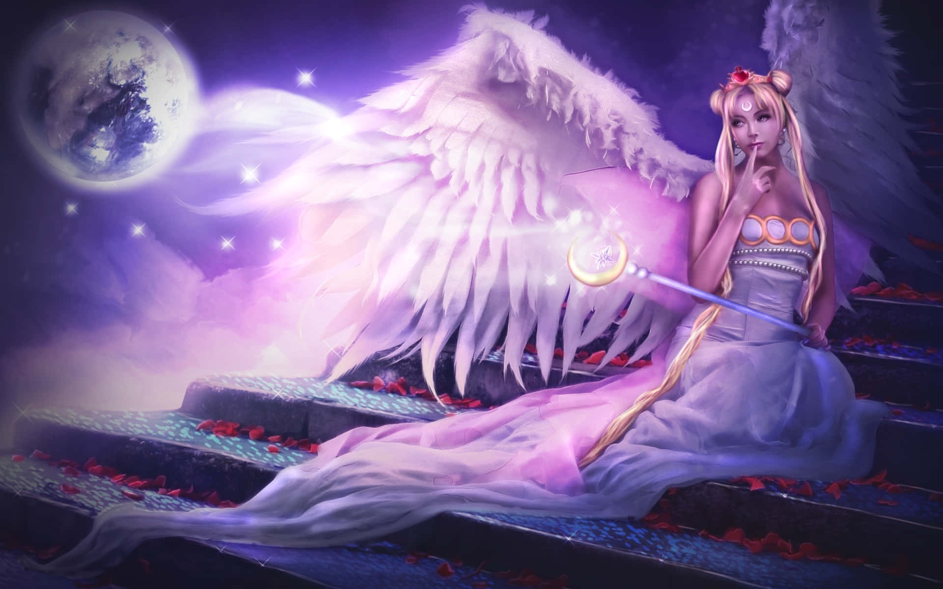 Anime Girl Aesthetic 桌布 壁紙 — 一位擁有白色翅膀和發光法杖的天界動漫女孩坐在月光照耀的台階上，周圍環繞著飄落的紅色花瓣。