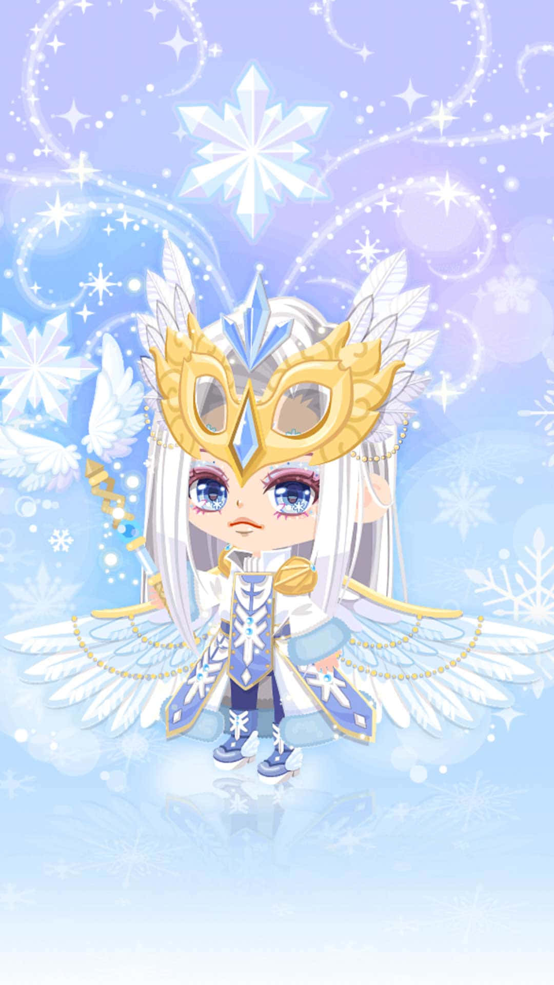 Gacha 桌布 壁紙 — 一位擁有白色翅膀和金色皇冠的Q版雪女王，在粉彩冬日天空中漂浮於發光的雪花和星形漩渦之間。