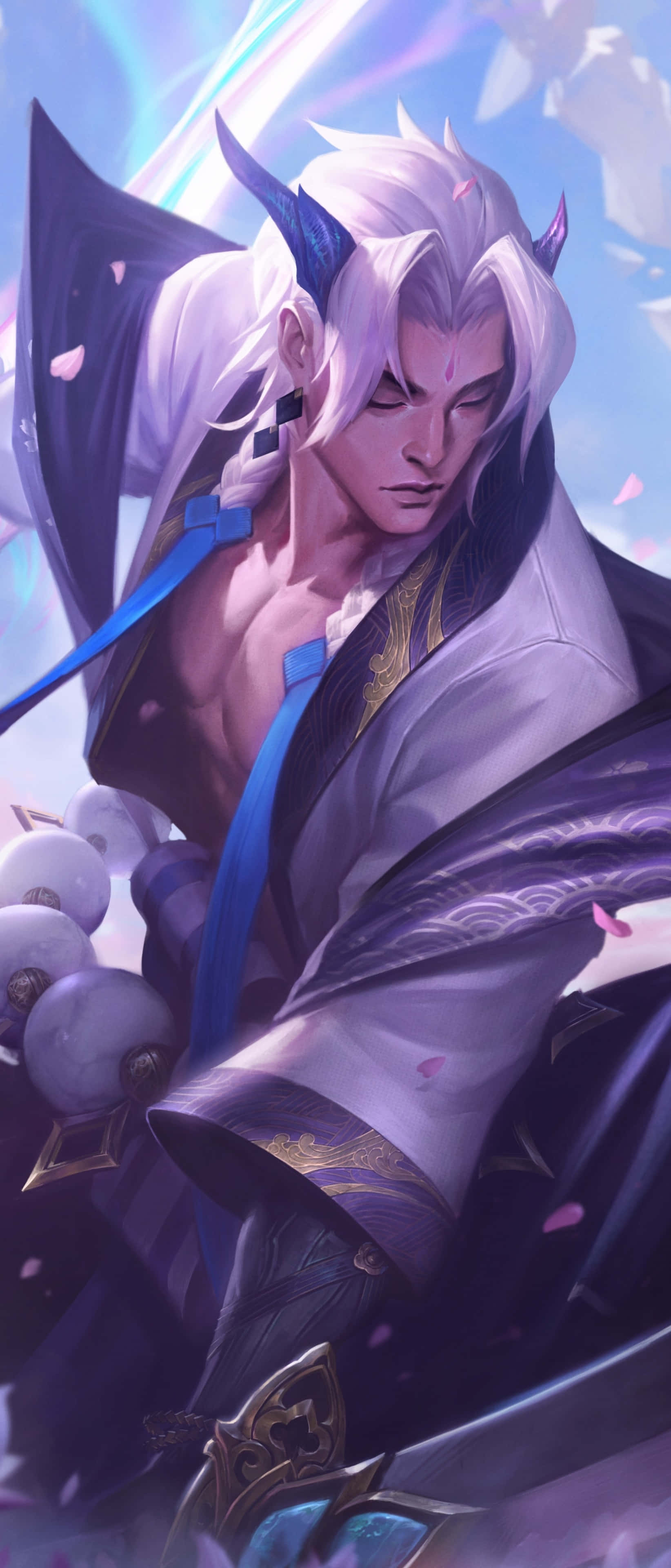 Android League Of Legends 桌布 壁紙 — 一位擁有白髮和藍角的強大動漫戰士，在發光的藍色和紫色背景中，以動態姿勢站立，周圍有粉紅色花瓣飄落。