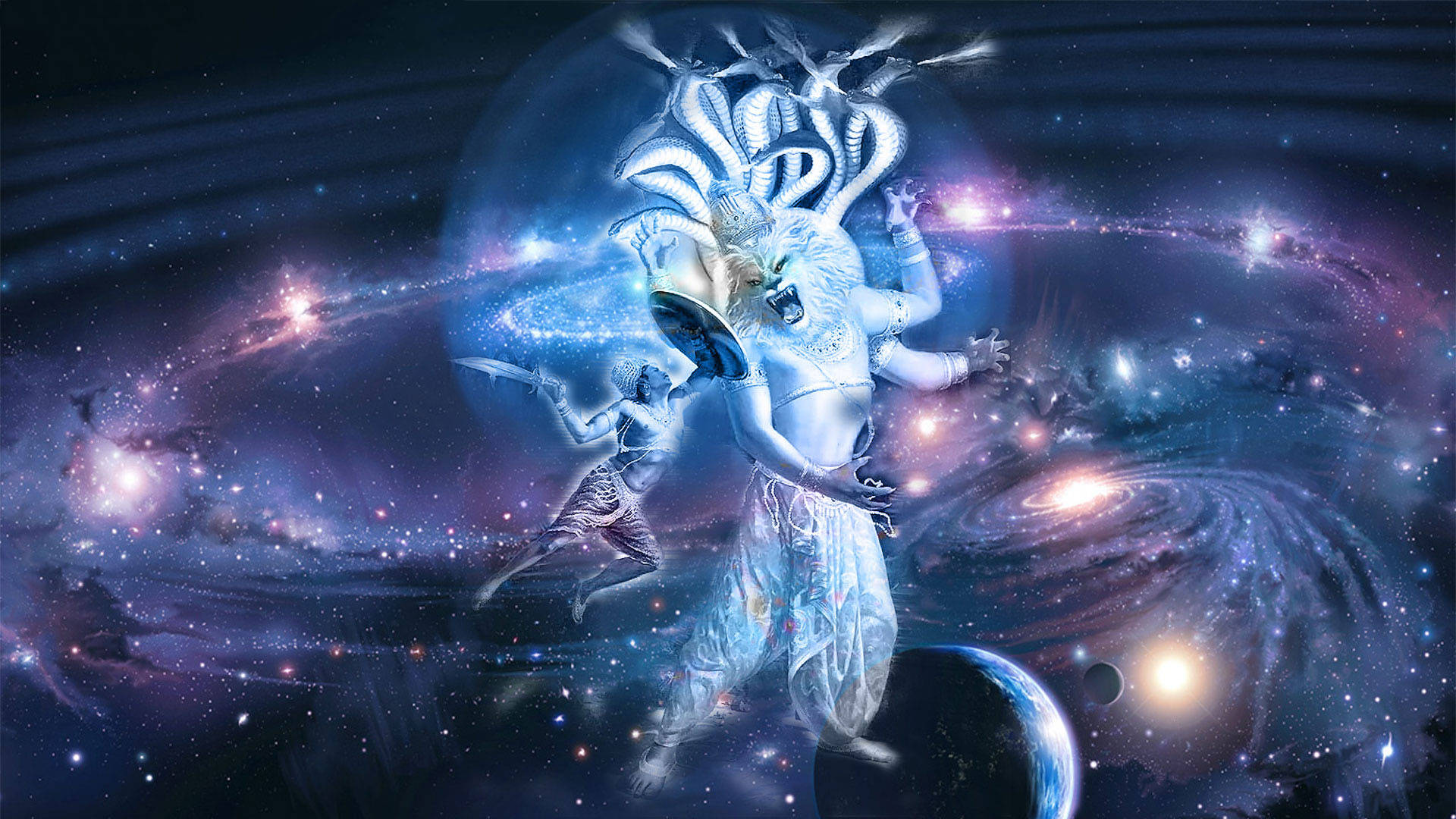 藍色 桌布 壁紙 — 一位擁有眾多手臂和蛇冠的宇宙神祇，在旋轉的星系和發光的星星之間跳舞，構成充滿活力的太空場景。