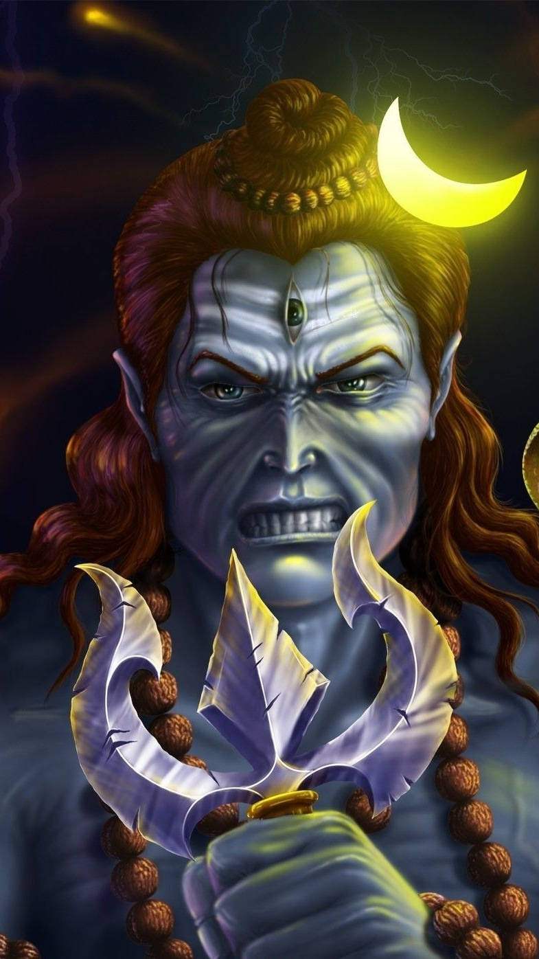 angry shiva 桌布 壁紙 — 一位擁有第三隻眼和新月皇冠的兇猛藍膚神祇，在暴風雨的夜空中揮舞三叉戟。