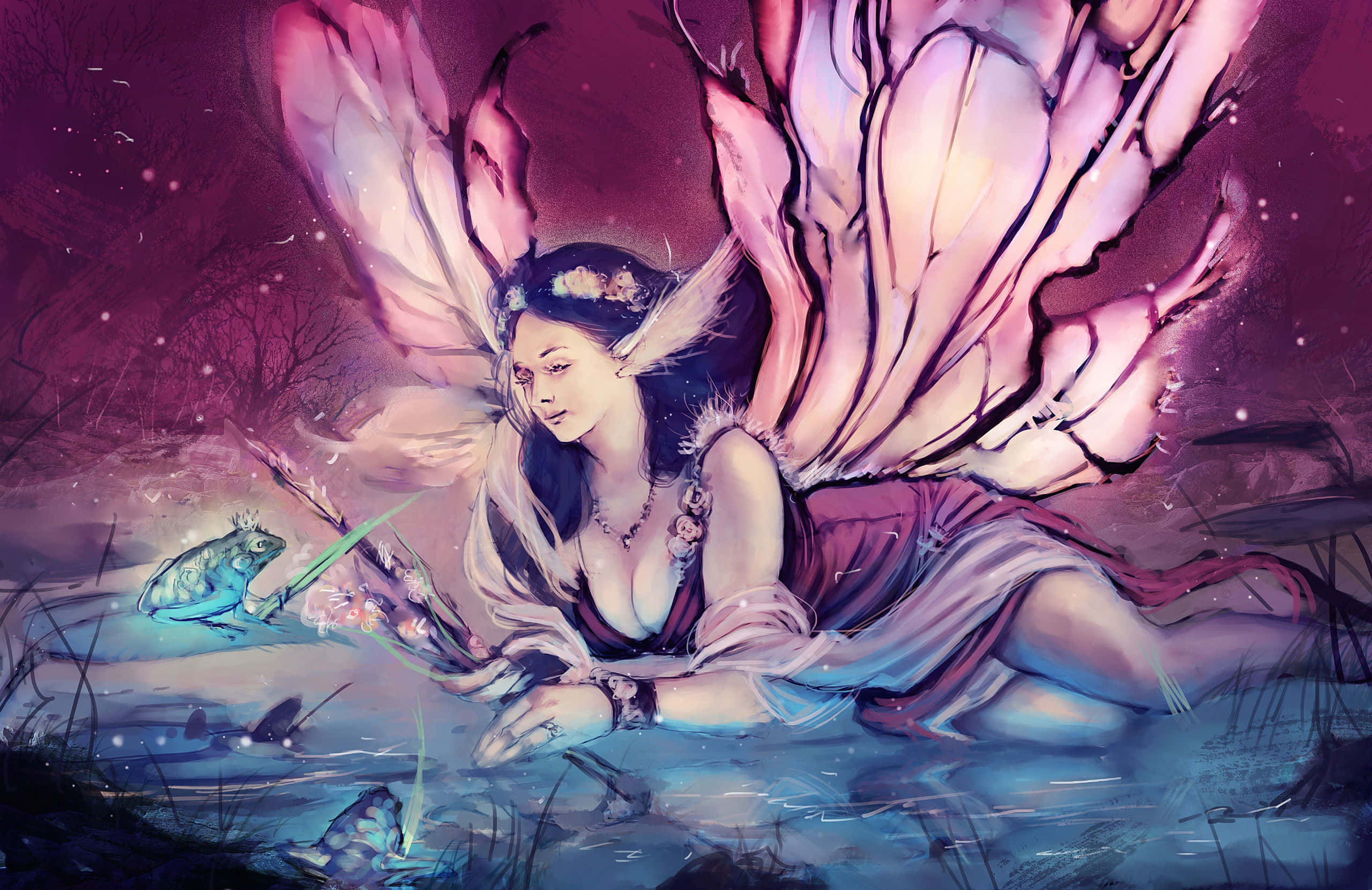 Evil Fairy 桌布 壁紙 — 一位擁有粉紅色半透明翅膀的精靈，在星光燦爛的紫色天空下，跪在發光的水中，旁邊有一隻小青蛙。