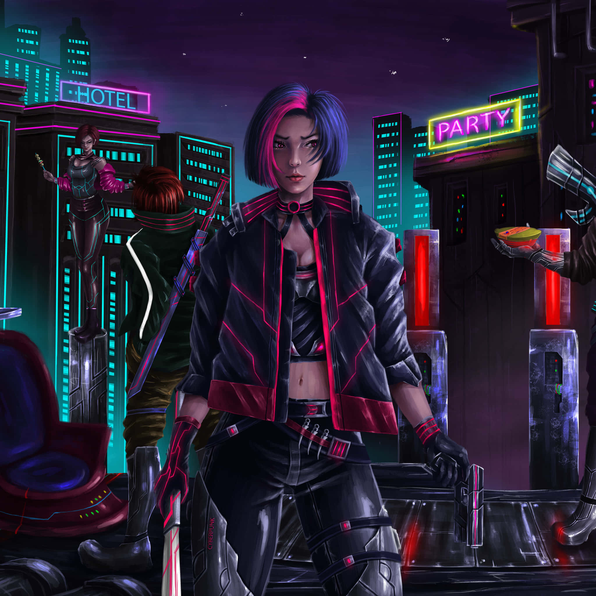 Aesthetic Gaming 桌布 壁紙 — 一位擁有粉紅色和藍色頭髮的賽博龐克女性，在夜晚霓虹燈閃爍的城市景觀中手持武器站立。
