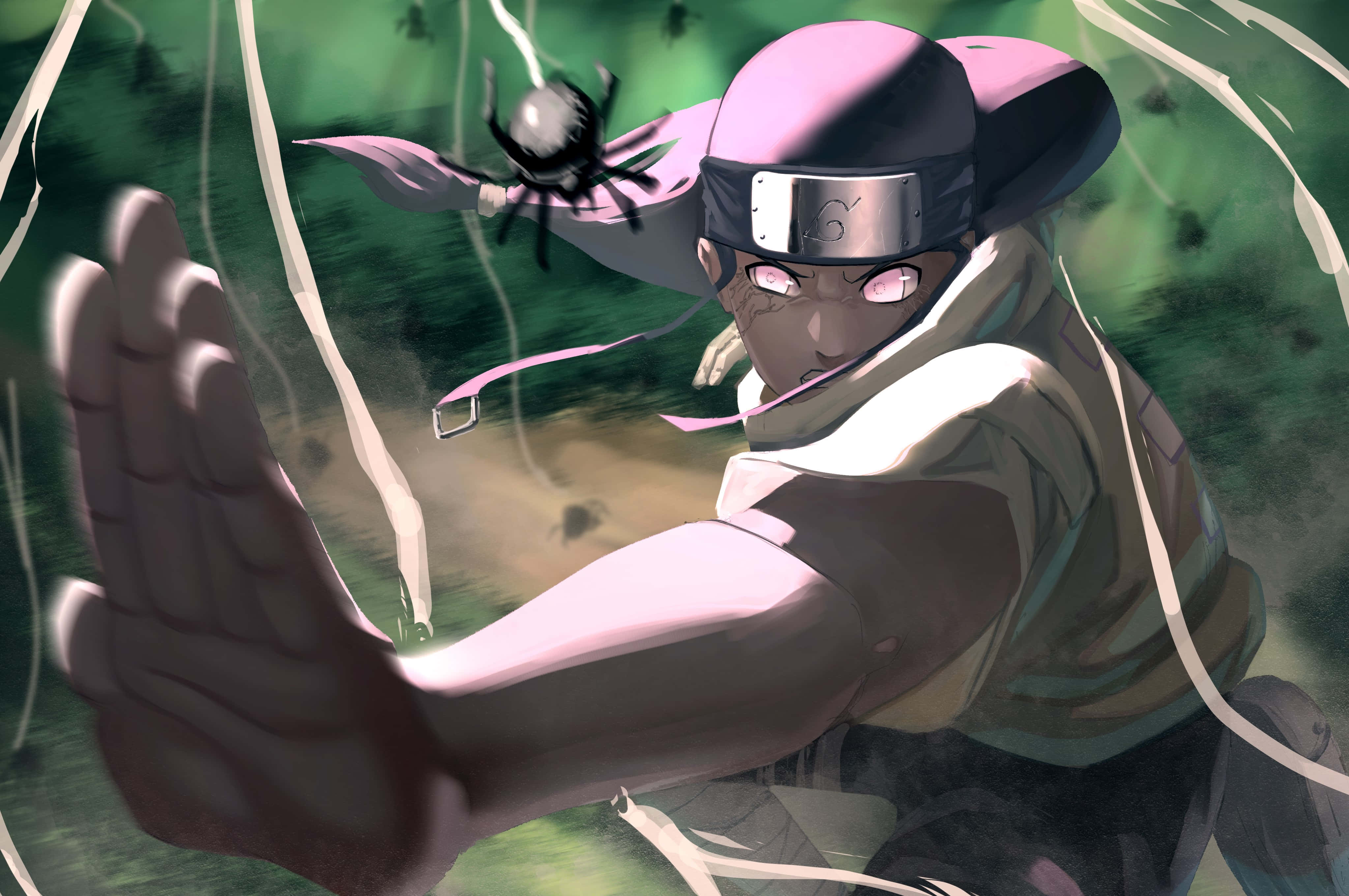 Neji Hyuga 桌布 壁紙 — 一位擁有粉紅色眼睛和頭帶的動漫忍者向前衝刺，同時一個黑色的蜘蛛狀武器飛向他伸出的手。