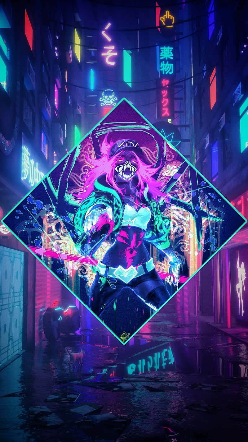 Android League Of Legends 桌布 壁紙 — 一位擁有粉紅色頭髮和發光武器的兇猛動漫戰士，站在充滿霓虹燈的賽博朋克小巷中。