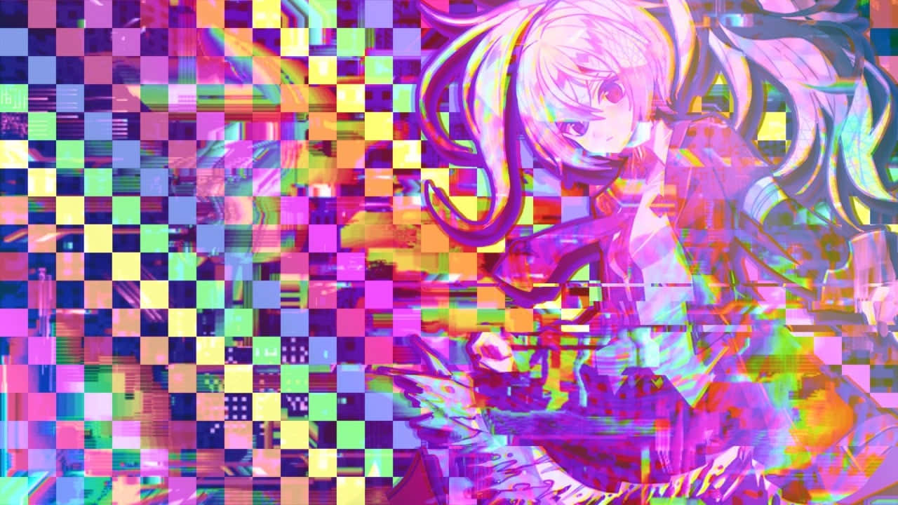 Glitchcore 桌布 壁紙 — 一位擁有粉紅色頭髮和紫色眼睛的故障藝術動漫女孩，從充滿活力的像素化棋盤背景中浮現。