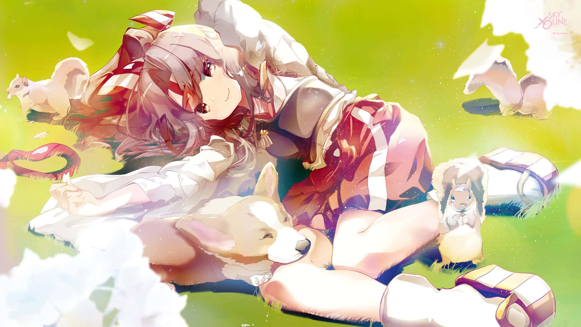 Kantai Collection 桌布 壁紙 — 一位擁有粉紅色頭髮的寧靜動漫女孩在草地上休息，周圍是毛茸茸的白色動物，天空閃爍著綠光。