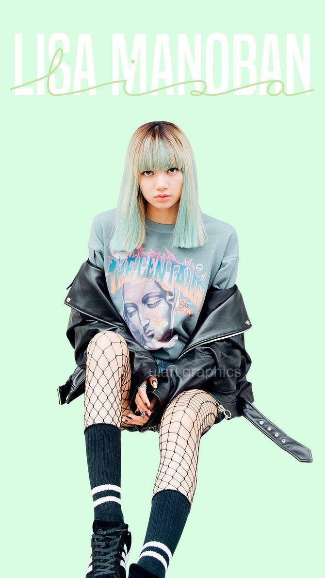 擁有粉藍色頭髮的年輕女性，穿著皮夾克和魚網襪。 — BLACKPINK Lisa GIF 壁紙