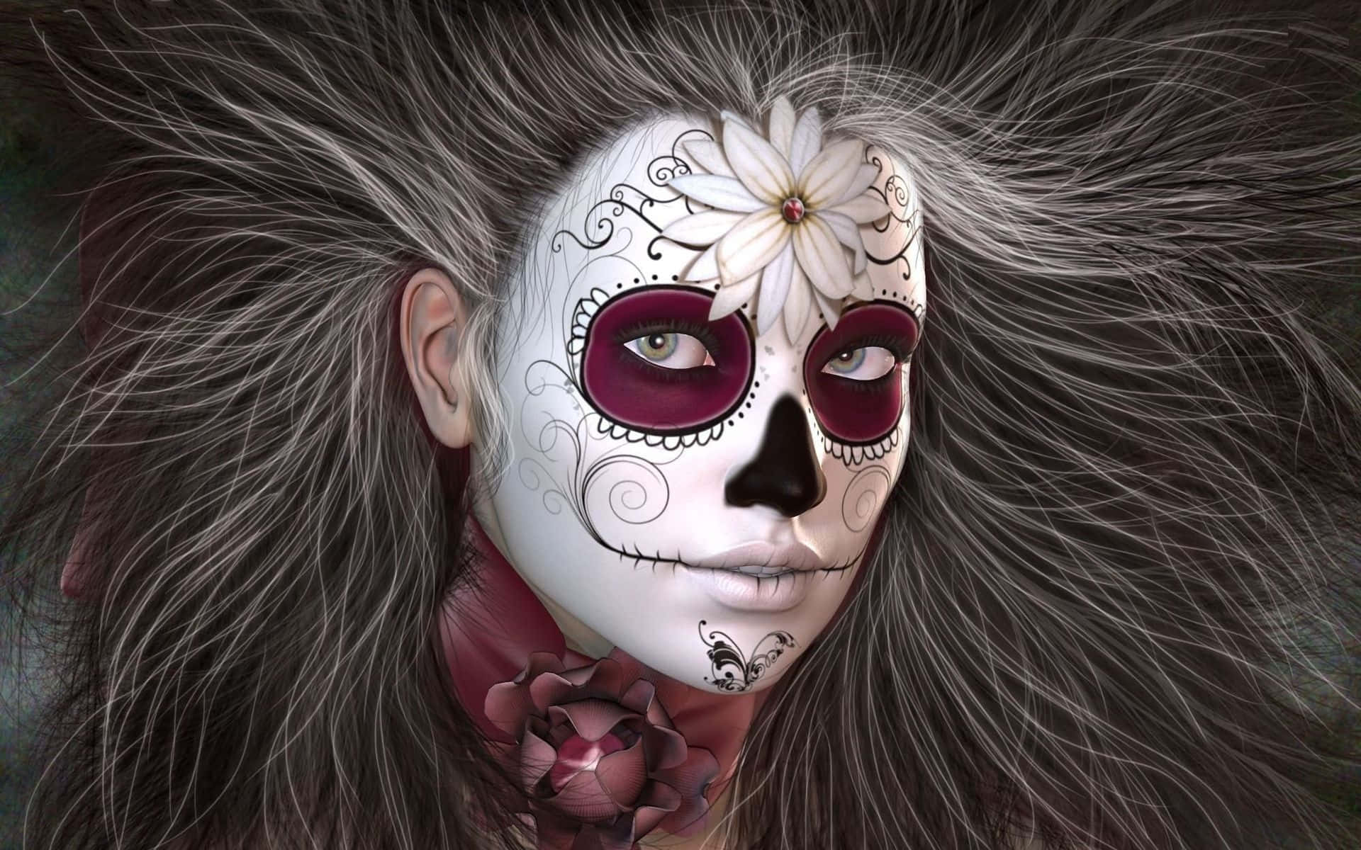 Day Of The Dead 桌布 壁紙 — 一位擁有精緻糖骷髏妝容和狂野灰髮的女性，頭髮上裝飾著白色花朵和一朵深紅玫瑰。