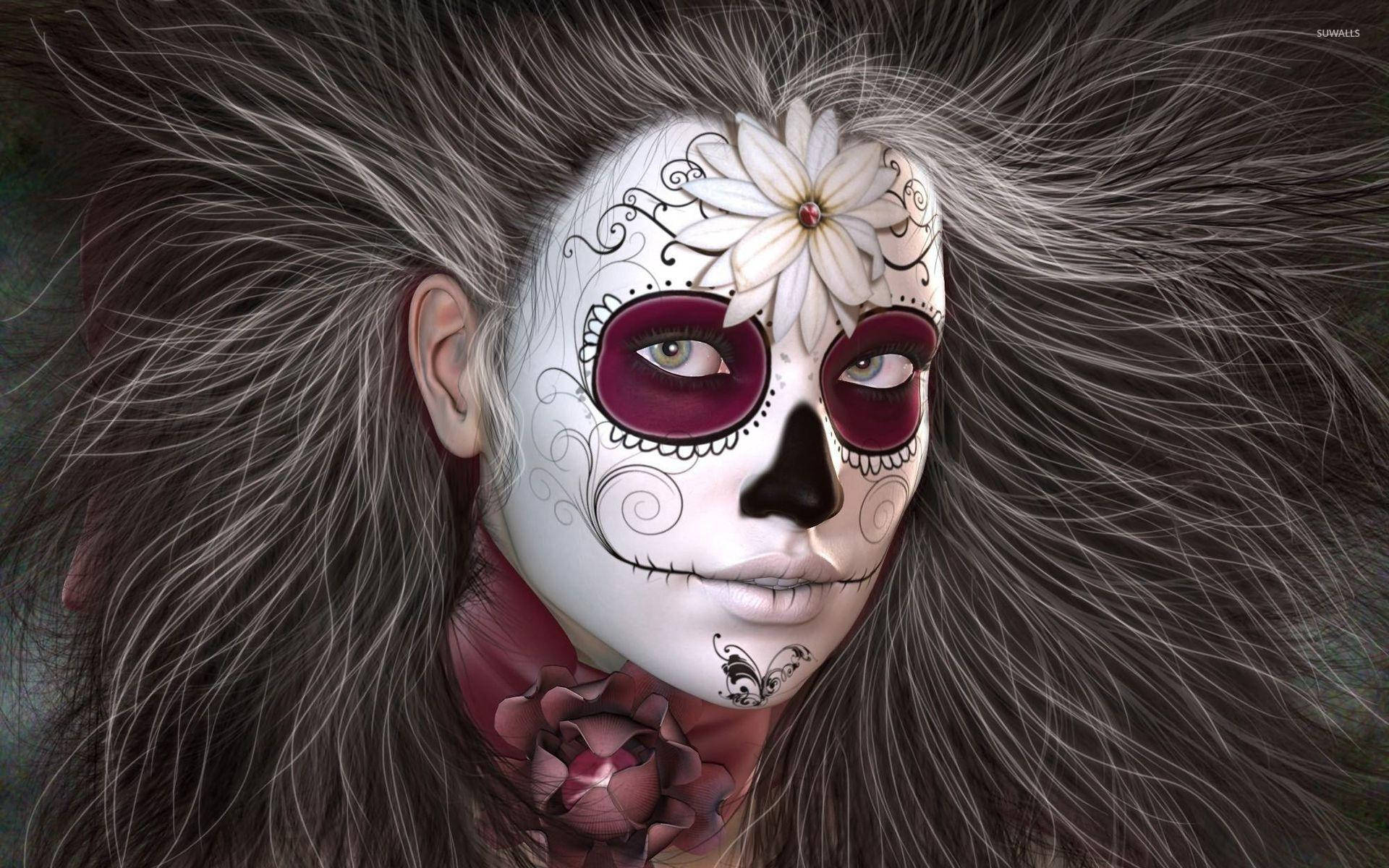 Dia De Los Muertos 桌布 壁紙 — 一位擁有精緻糖骷髏妝容和狂野灰髮的女性，頭髮上裝飾著白花和深紅玫瑰。