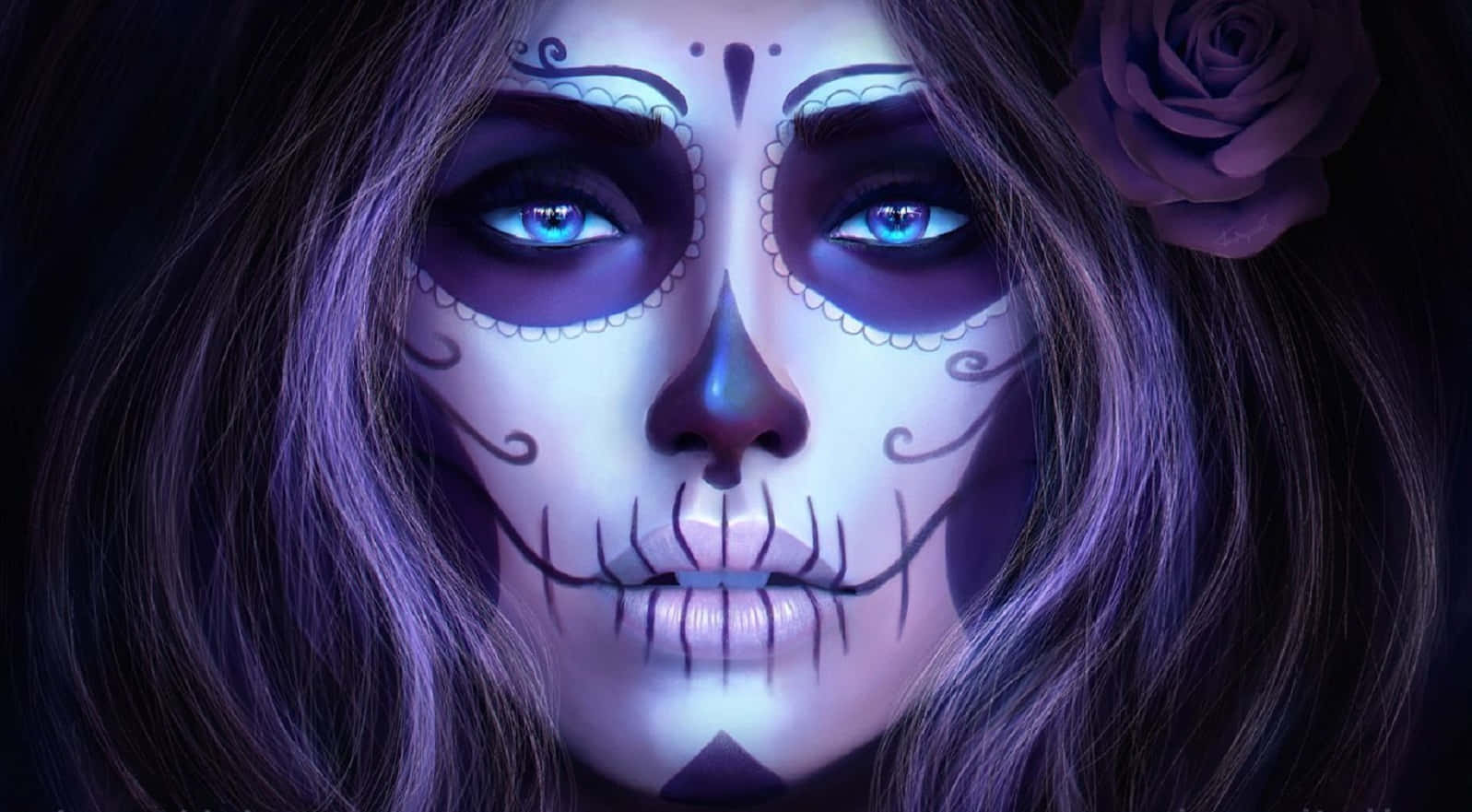 Day Of The Dead 桌布 壁紙 — 一位擁有精緻糖骷髏妝容的女性在紫色燈光下閃耀，頭髮上插著一朵玫瑰。