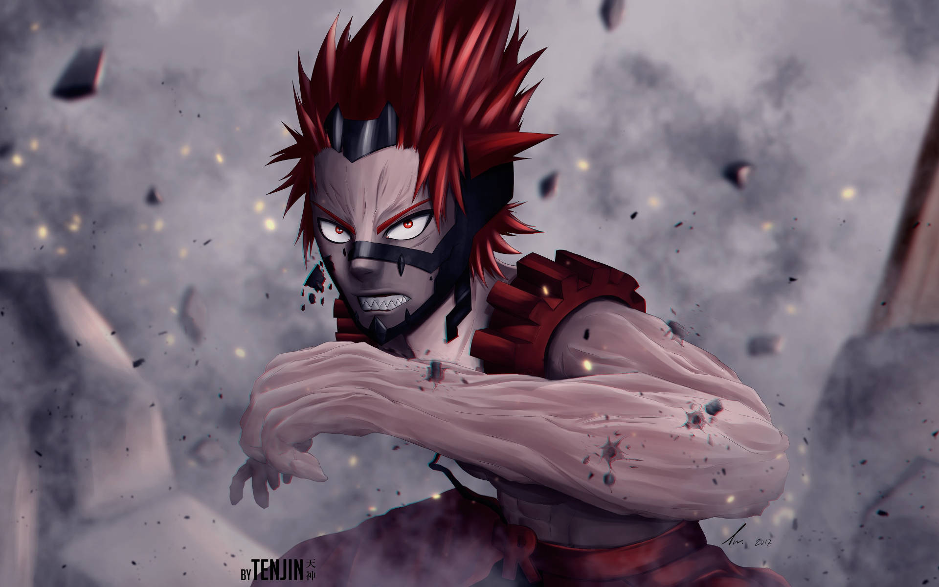 Kirishima 桌布 壁紙 — 一位擁有紅色刺蝟頭和黑色面具的動漫戰士，衝過一個破碎、煙霧瀰漫的戰場。