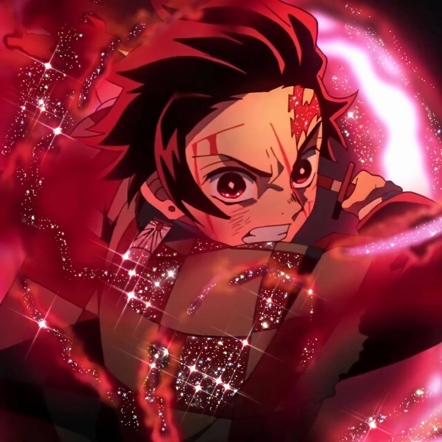 tanjiro pfp 桌布 壁紙 — 一位擁有紅色眼睛和火紅氣場的動漫戰士，在閃爍的能量粒子環繞下凝視著。