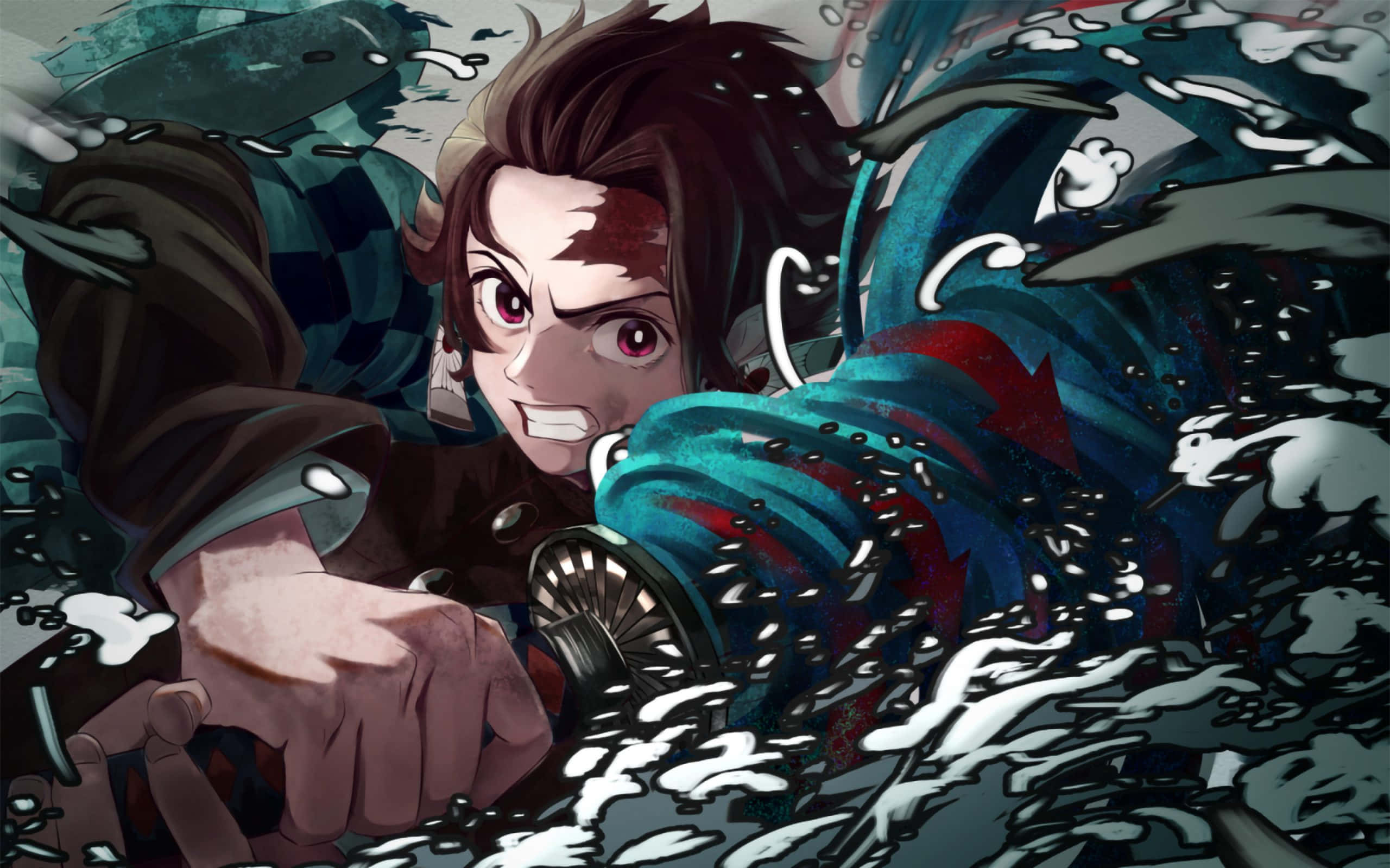Demon Slayer Season 2 桌布 壁紙 — 一位擁有紅色眼睛和血跡斑斑臉龐的動漫戰士，用劍劈開湍急的水流。