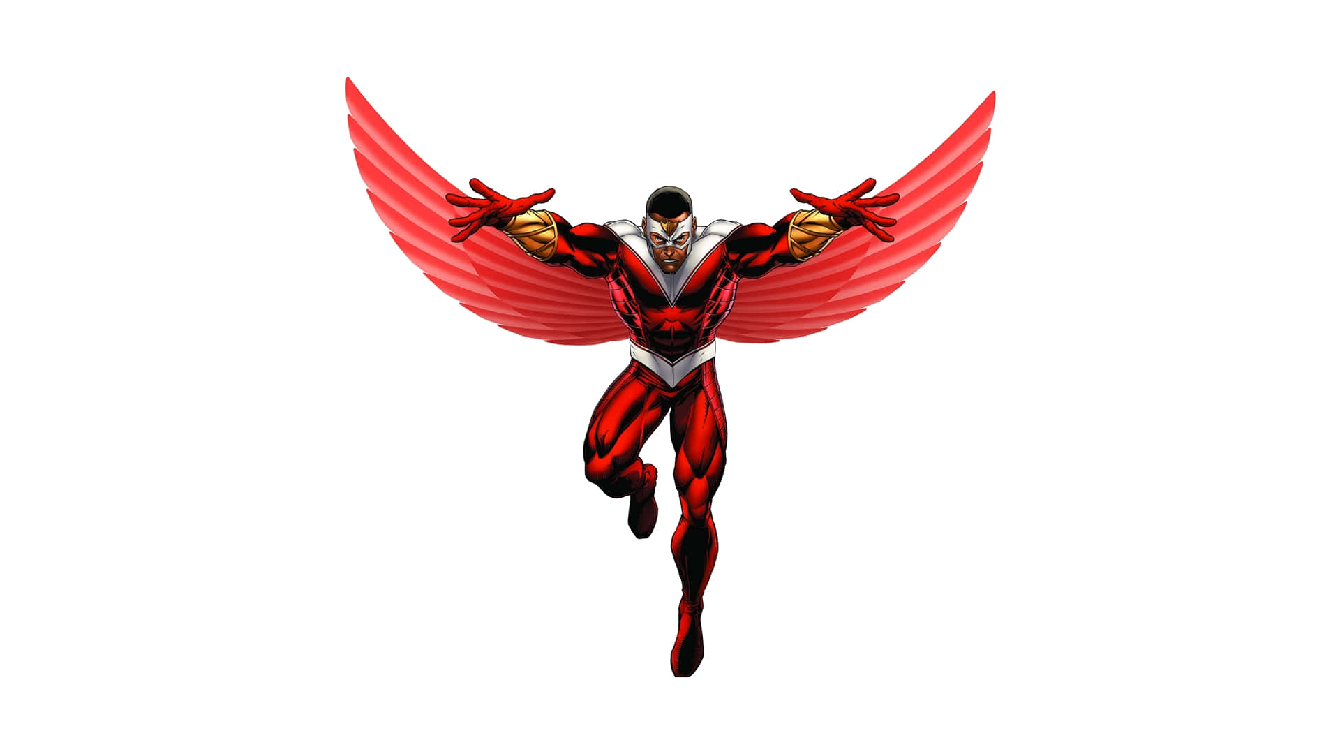 Marvel Logo 桌布 壁紙 — 一位擁有紅色翅膀和紅色套裝的超級英雄在純白色背景上動態翱翔。