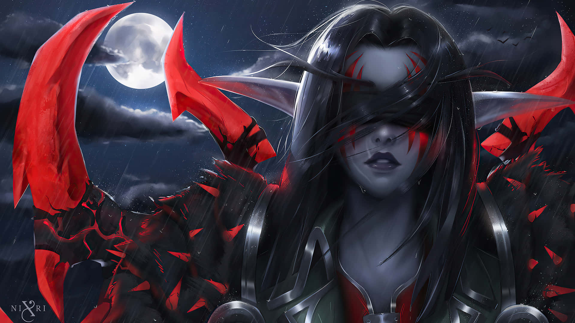 World Of Warcraft 1920x1080 桌布 壁紙 — 一位擁有紅色角和發光眼睛的黑暗奇幻戰士，站在暴風雨夜空的滿月下。