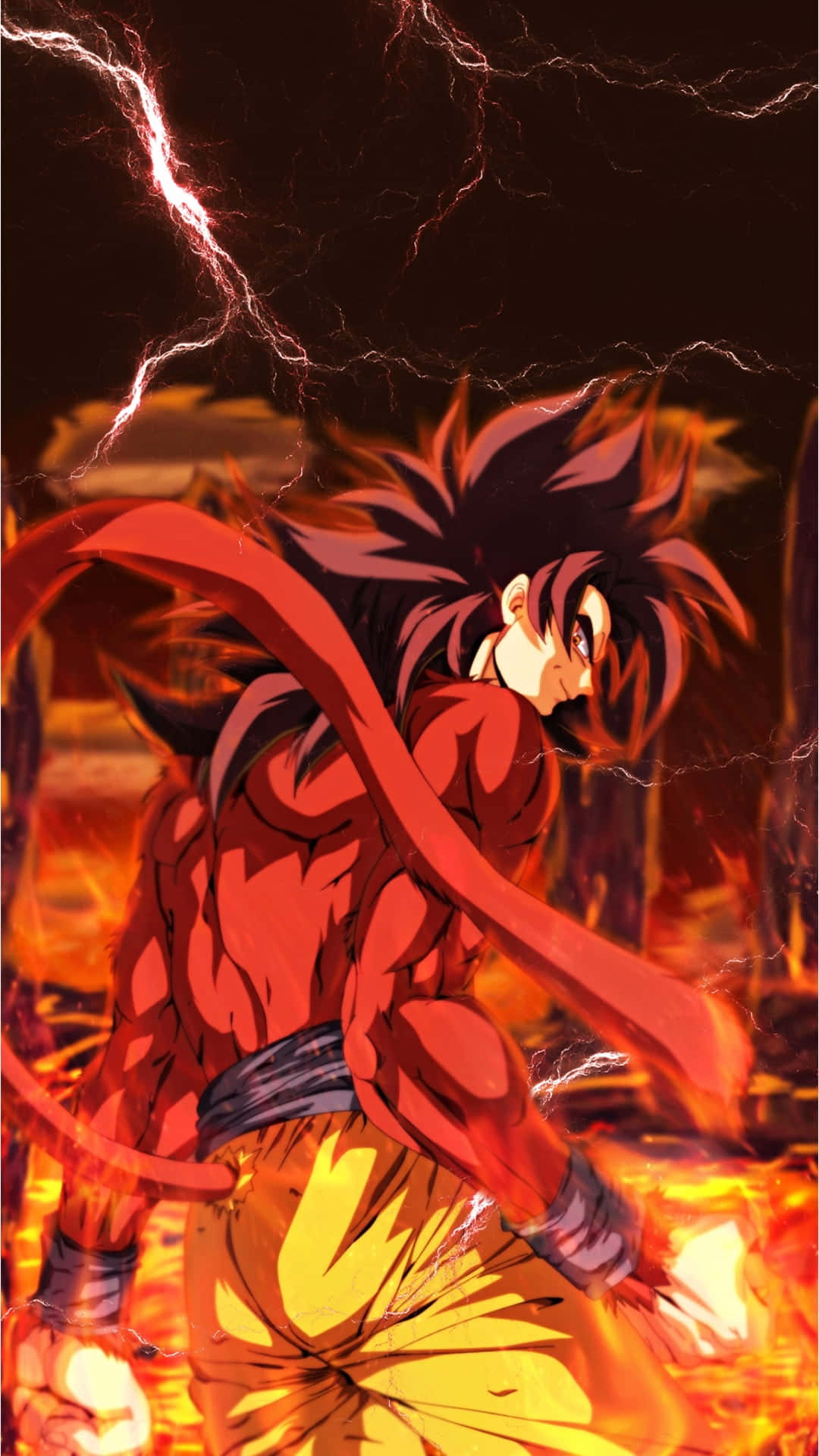 Goku Ssj4 桌布 壁紙 — 一位擁有紅髮和光環的強大動漫戰士，在戲劇性的戰鬥姿態中站立於熾熱的閃電和火焰之中。