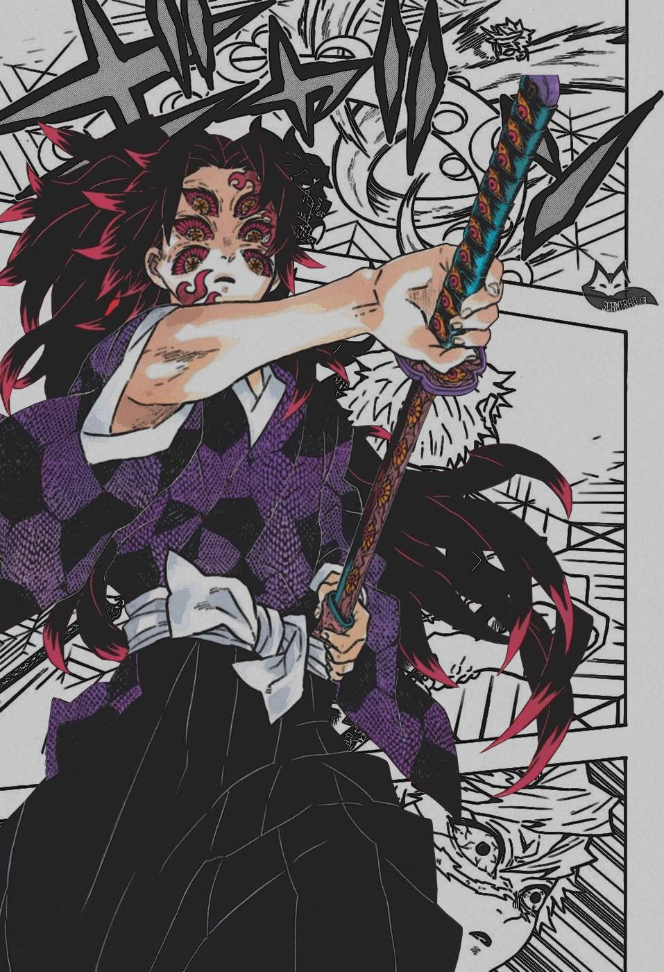 桌布 壁紙 — 一位擁有紅髮和惡魔印記的兇猛動漫戰士，在動態的黑白漫畫面板中揮舞著劍。