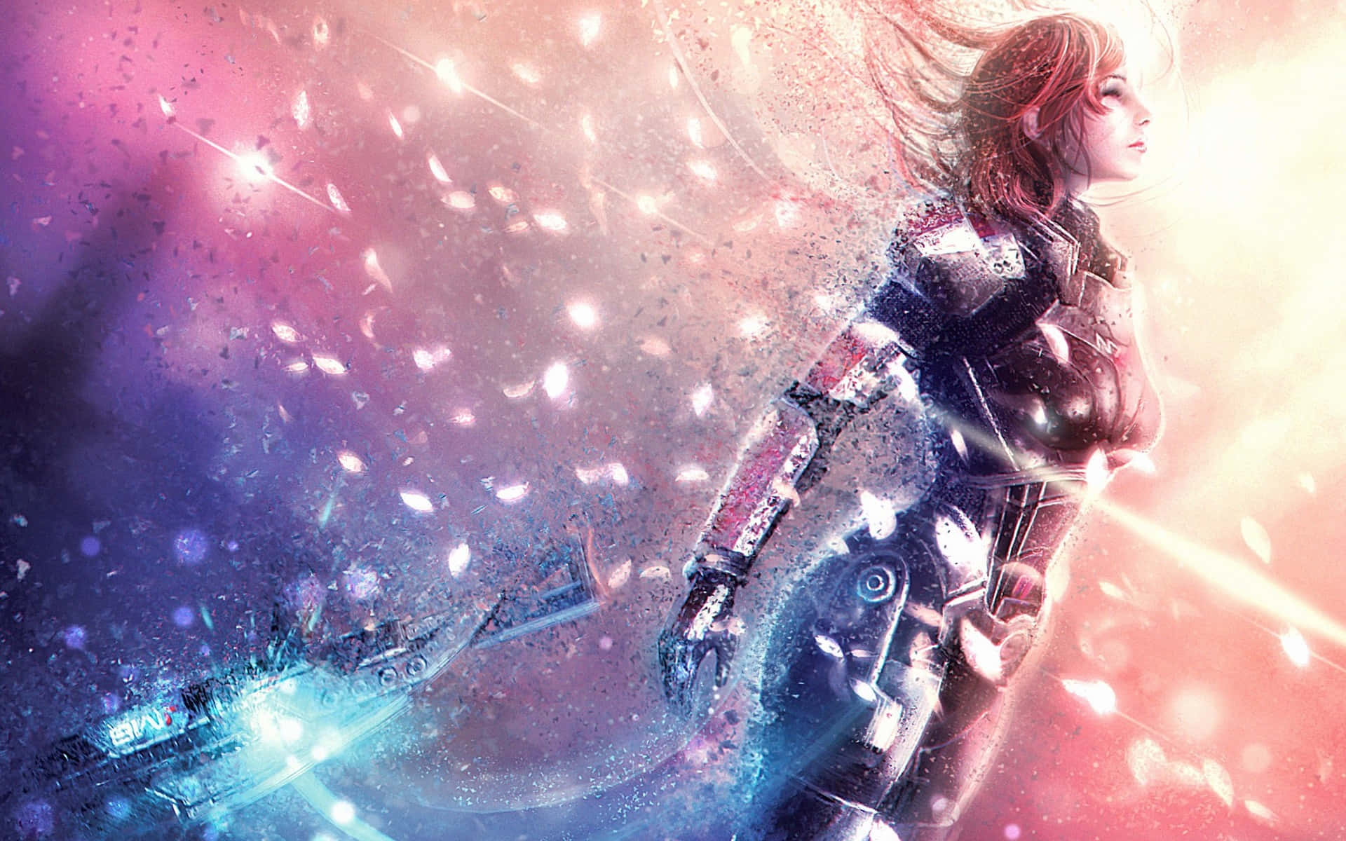 Mass Effect Femshep 桌布 壁紙 — 一位擁有紅髮和發光盔甲的未來戰士站在由粉紅色、紫色和藍色粒子與光組成的宇宙風暴中。