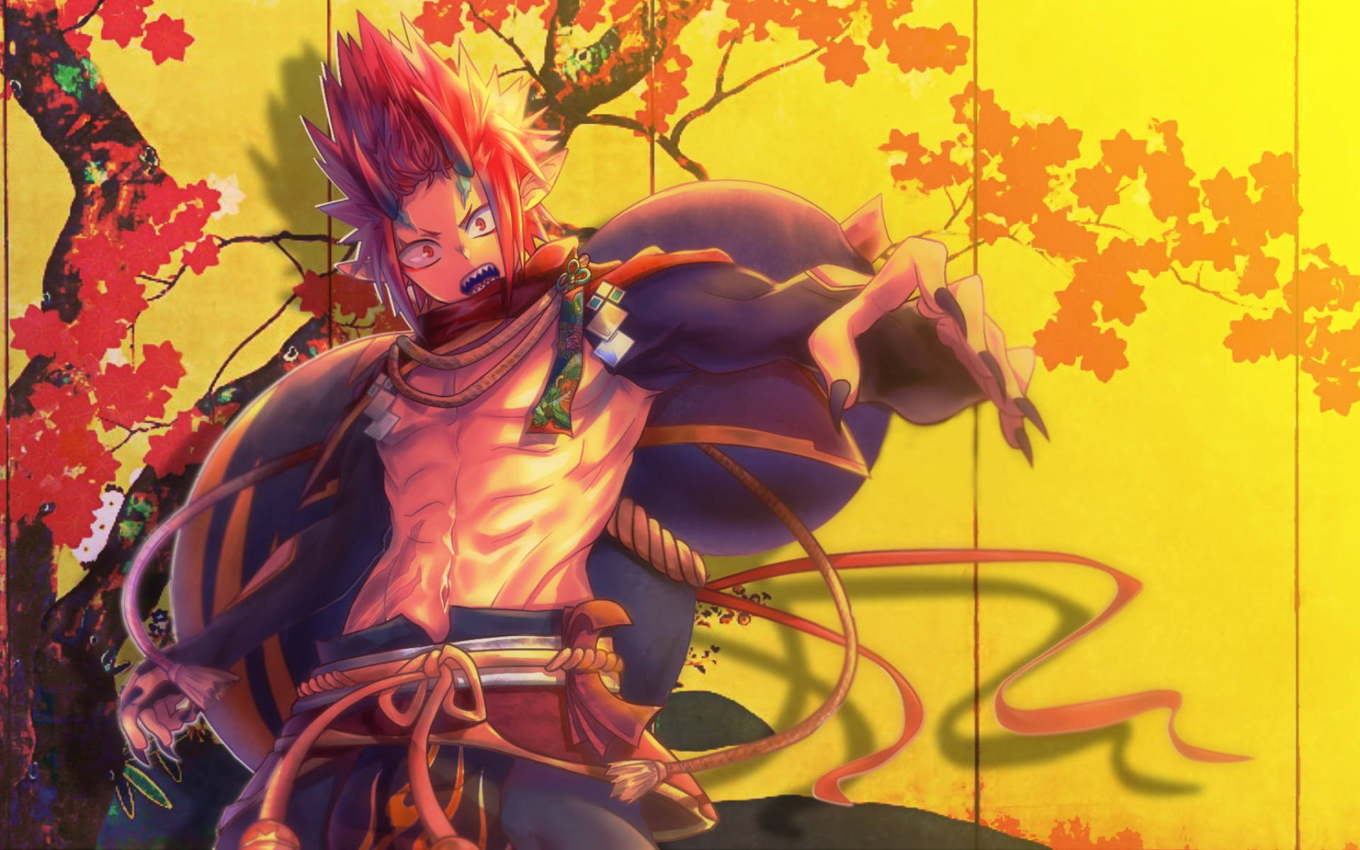 Kirishima 桌布 壁紙 — 一位擁有紅髮和發光眼睛的兇猛動漫戰士，站在充滿活力的秋櫻花中，背景是金黃色。