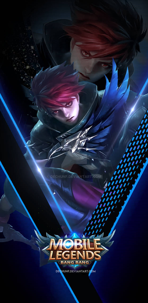 mobile legends logo 桌布 壁紙 — 一位擁有紅髮和發光藍色翅膀的兇猛動漫戰士，在帶有霓虹藍色條紋的黑暗數位背景前準備就緒。