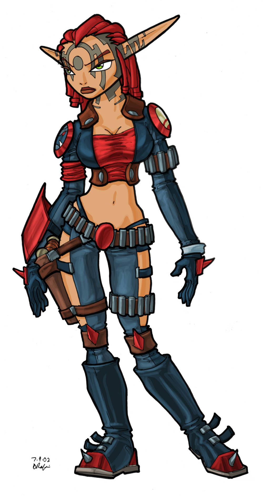 Jak 3 桌布 壁紙 — 一位擁有紅髮和電子眼的兇猛精靈戰士，全副武裝站在純白色背景前。