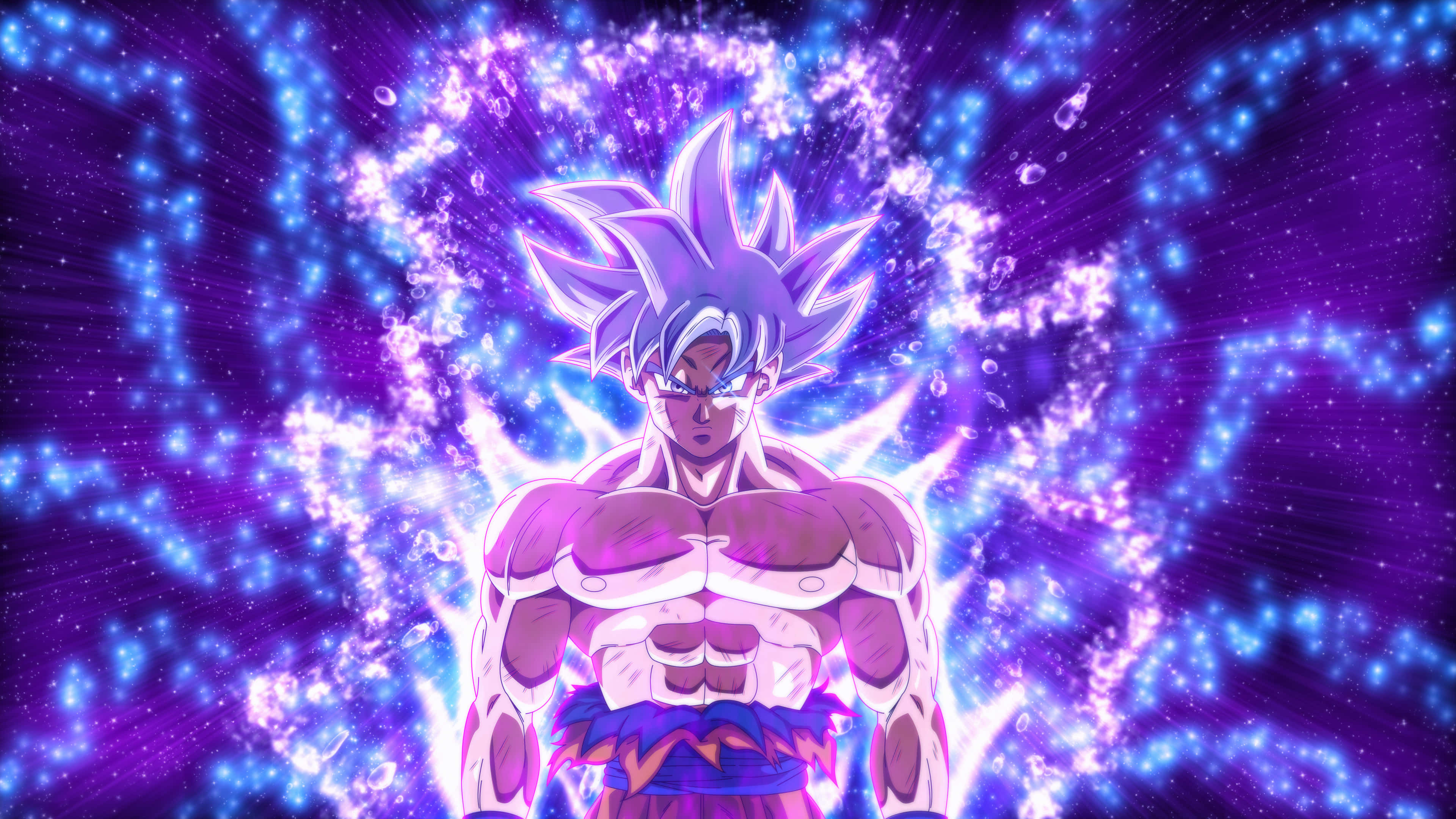 Dragon Ball Goku Ultra Instinct 桌布 壁紙 — 一位擁有紫色尖刺頭髮的強大動漫戰士，在旋轉的宇宙紫色和藍色背景前散發能量。