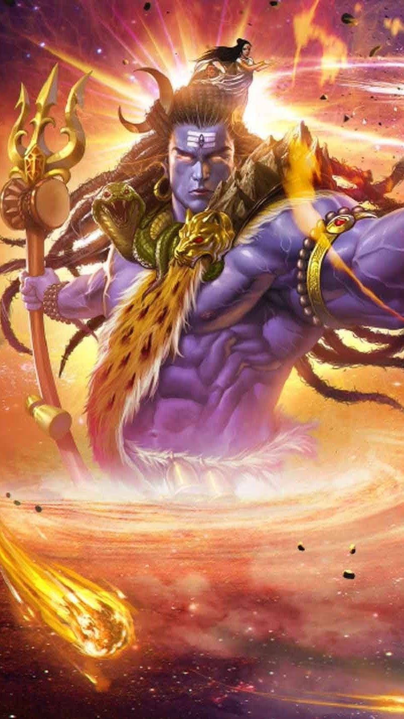 angry shiva 桌布 壁紙 — 一位擁有紫色皮膚、留著辮子、手持三叉戟的強大神祇，站在宇宙火焰與星辰之中。