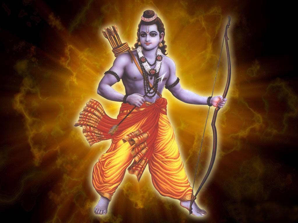 jai shri ram 桌布 壁紙 — 一位擁有紫色皮膚和橙色多蒂的神聖人物，手持弓箭，站在熾熱的金色背景前。