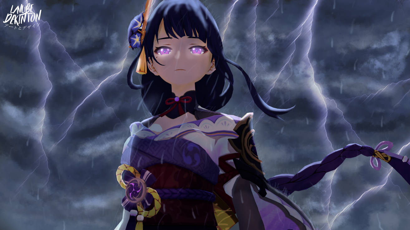 擁有紫色眼睛的動漫女孩，在雷電和風雨中站立。