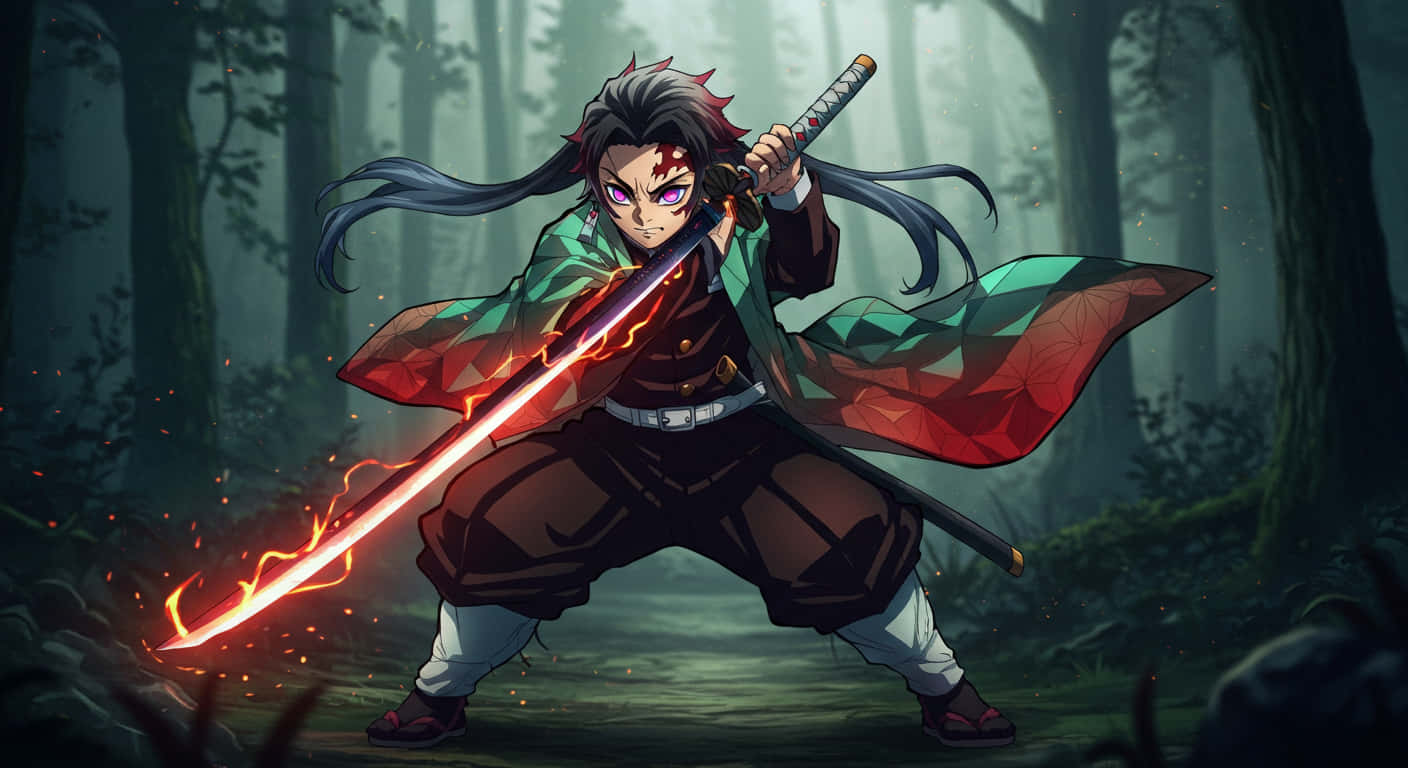 demon slayer 壁紙 — 一位擁有紫色眼睛和紅色標記的武士戰士，在迷霧森林中揮舞著發光的劍。