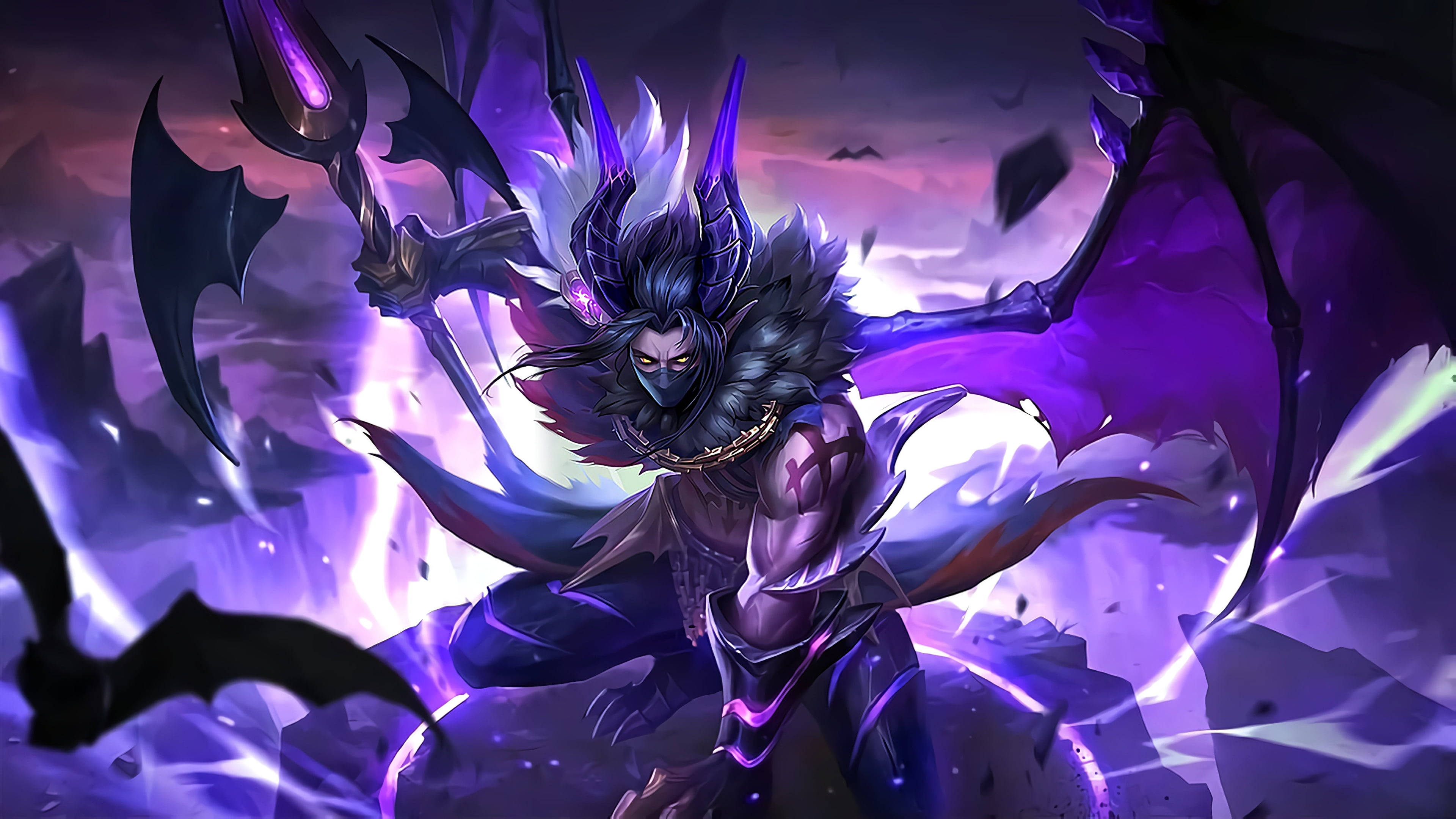 heroes 桌布 壁紙 — 一位擁有紫色翅膀和發光眼睛的黑暗奇幻戰士，在暴風雨的紫色天空下揮舞著鋸齒狀武器。