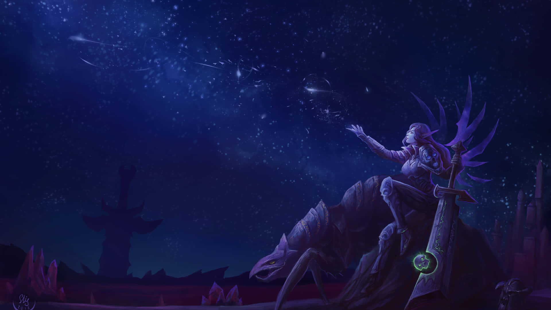 World Of Warcraft 1920x1080 桌布 壁紙 — 一位擁有紫色翅膀的奇幻戰士，在繁星點點的夜空下騎著野獸，散發著魔法火花。