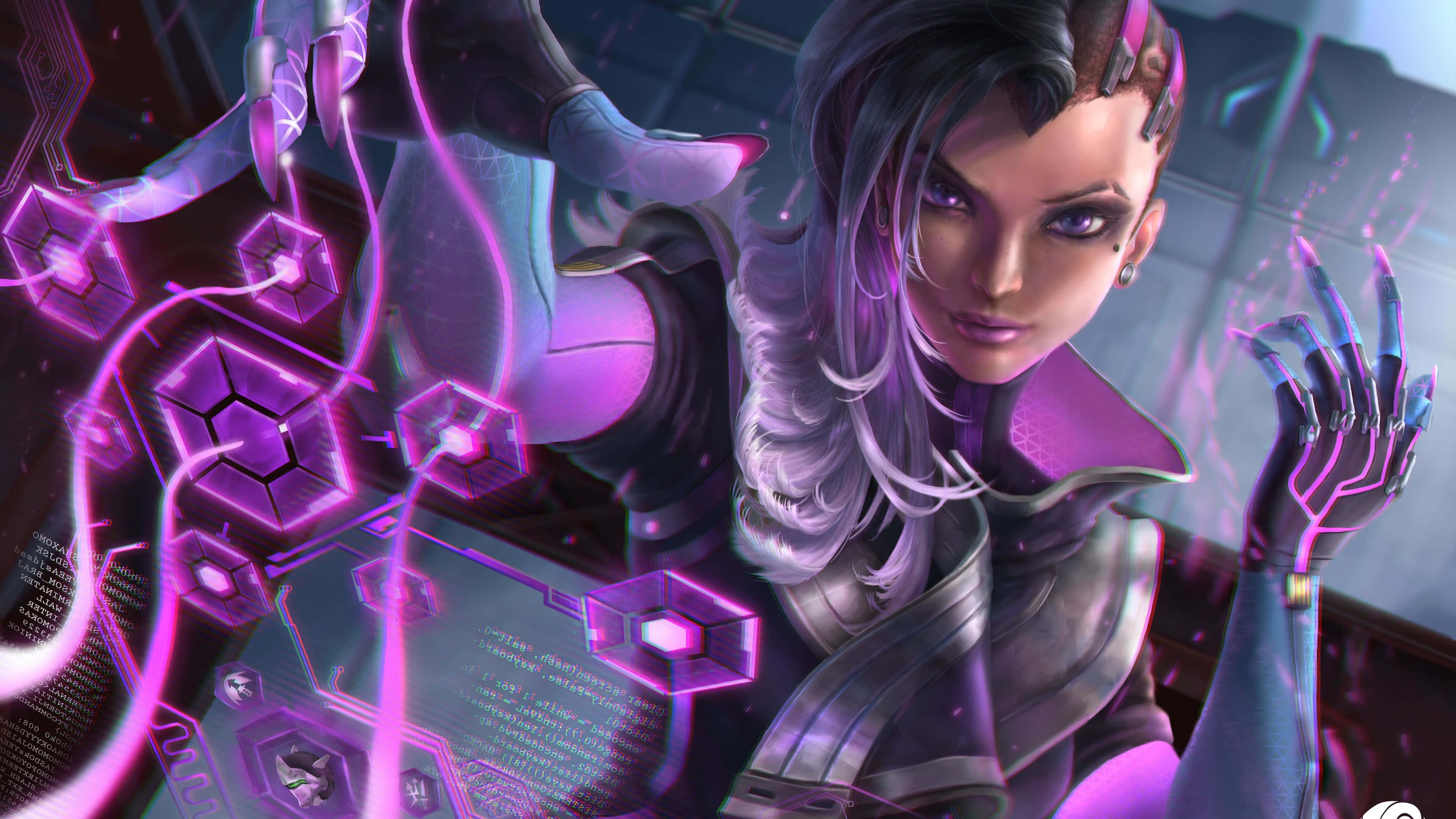 Overwatch Sombra 桌布 壁紙 — 一位擁有紫色螢光頭髮的賽博龐克女性，在霓虹燈照亮的數位介面中操控浮動的六邊形數據碎片。