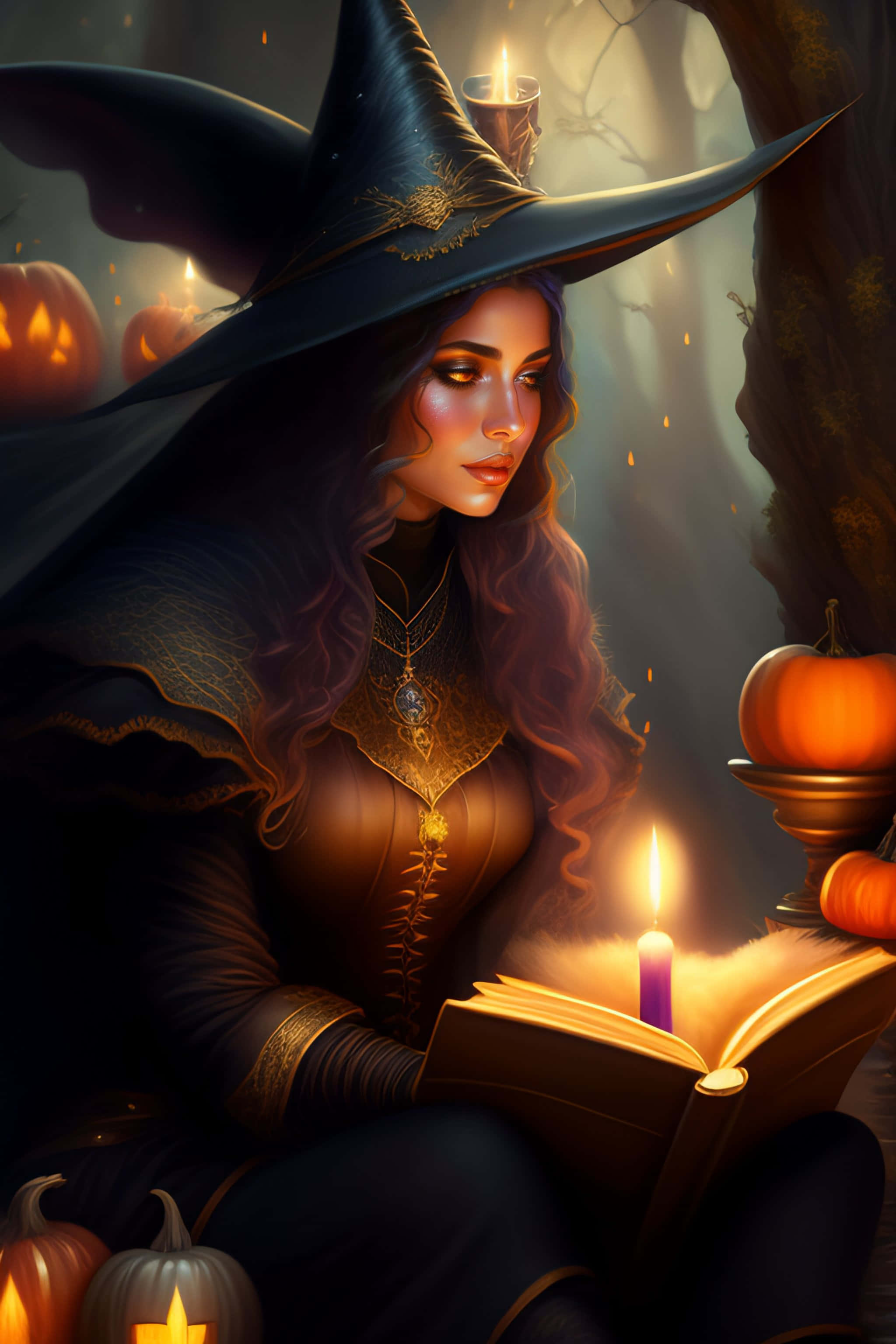 Grimoire 桌布 壁紙 — 一位擁有紫色長髮的女巫在黑暗森林中，被南瓜包圍，在燭光下閱讀一本發光的書。