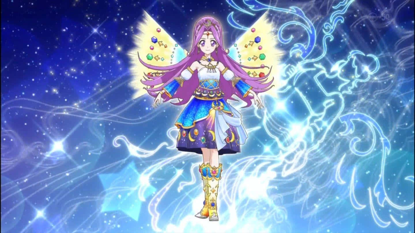 Virgo 桌布 壁紙 — 一位擁有紫色頭髮和寶石翅膀的魔法動漫女孩，在閃爍的星空藍色宇宙背景下閃耀著光芒。