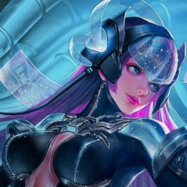 Mobile Legends 動態圖 桌布 壁紙 — 一位擁有紫色頭髮和星形面罩的未來動漫戰士，身穿發光藍色盔甲，蓄勢待發。
