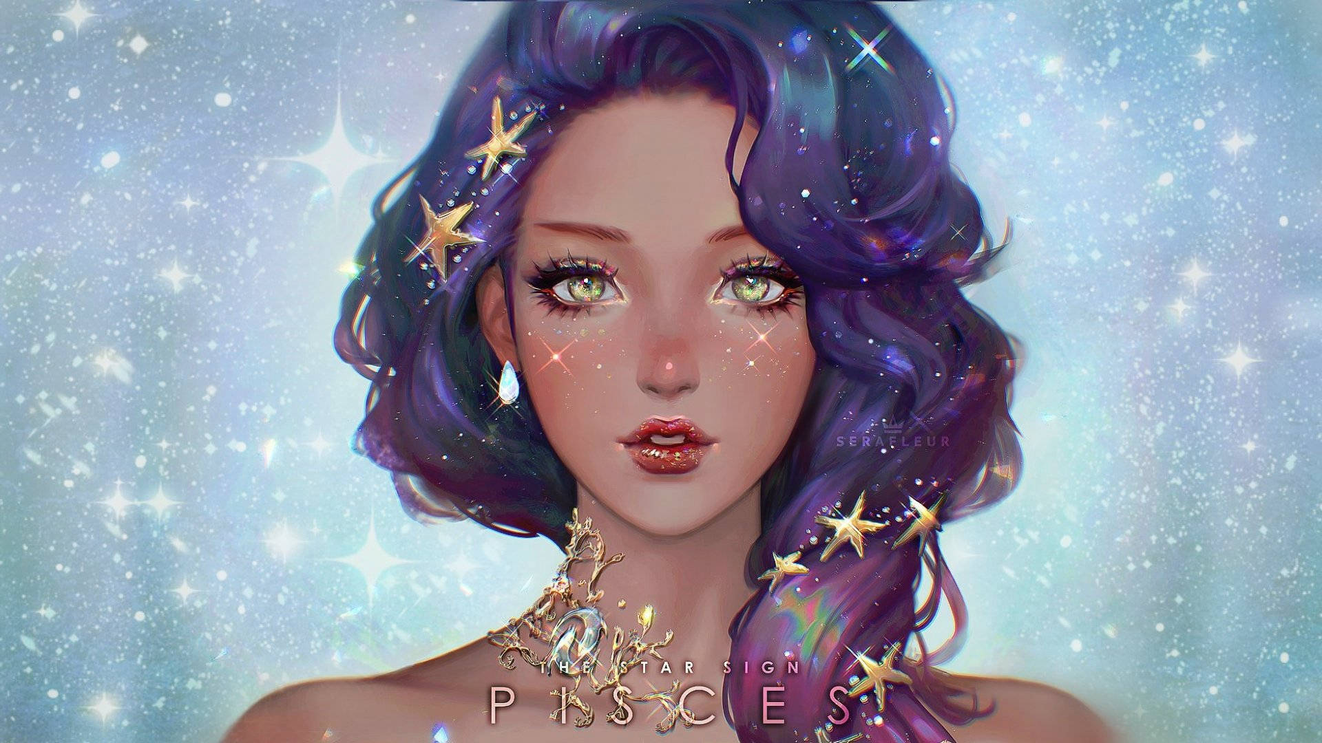 雙魚座 桌布 壁紙 — 一位擁有紫色頭髮和星星圖案的天界動漫女孩，在閃爍的星空背景下溫柔地凝視。