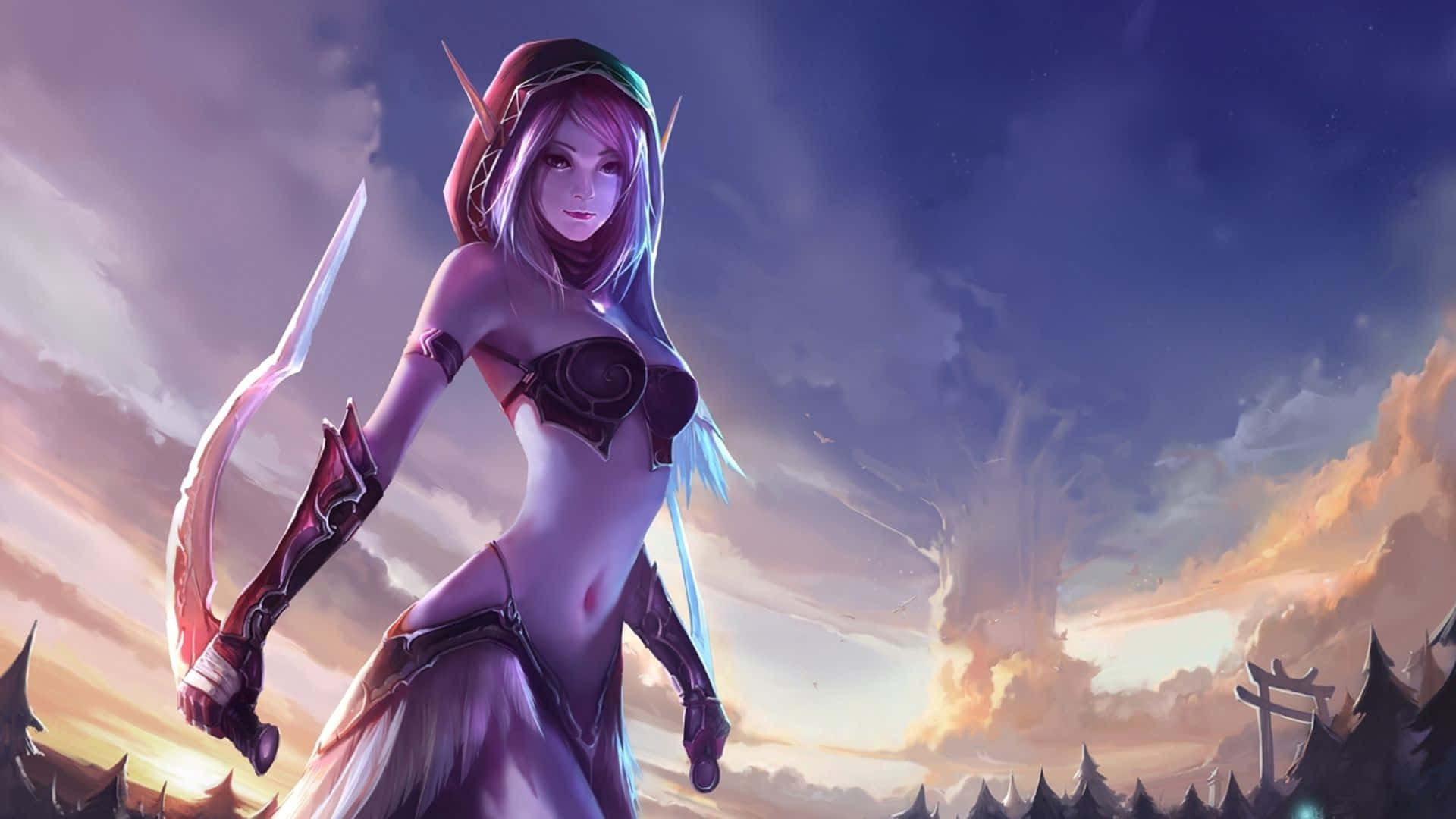 World Of Warcraft Races 桌布 壁紙 — 一位擁有紫色頭髮和發光劍的奇幻精靈戰士，在森林景觀上方的戲劇性日落天空下擺出姿勢。