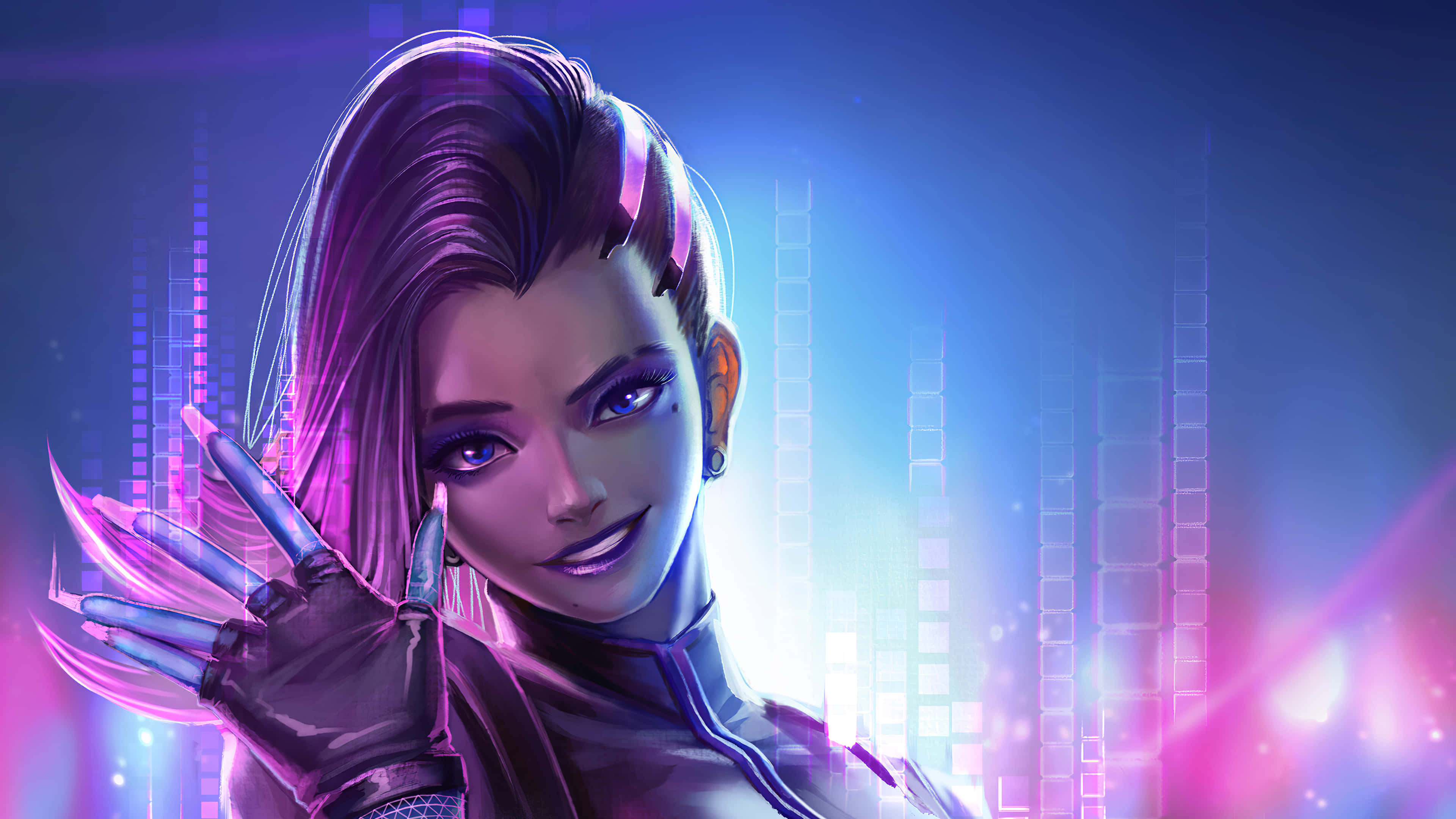 Sombra Overwatch 桌布 壁紙 — 一位擁有紫色頭髮和發光眼睛的賽博龐克動漫女性在霓虹燈閃爍的數位城市景觀中揮手。