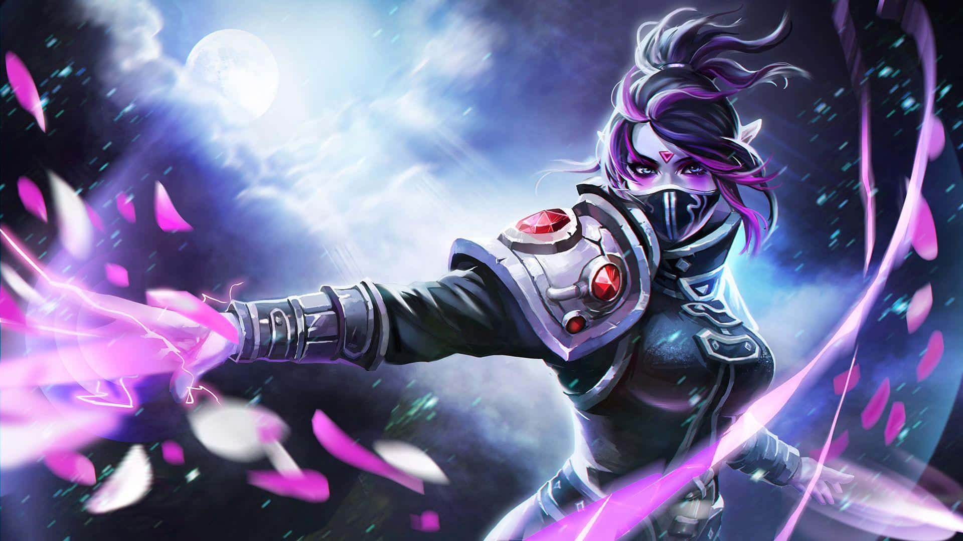 Templar Assassin 桌布 壁紙 — 一位擁有紫色頭髮和發光紅眼的兇猛動漫戰士，在月光下的暴風雨天空中引導充滿活力的粉紅色能量。