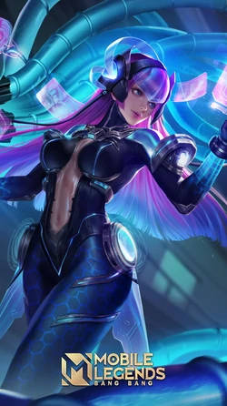 Mobile Legends 動態圖 桌布 壁紙 — 一位擁有紫色頭髮和發光藍色盔甲的未來動漫戰士，站在賽博龐克場景中。
