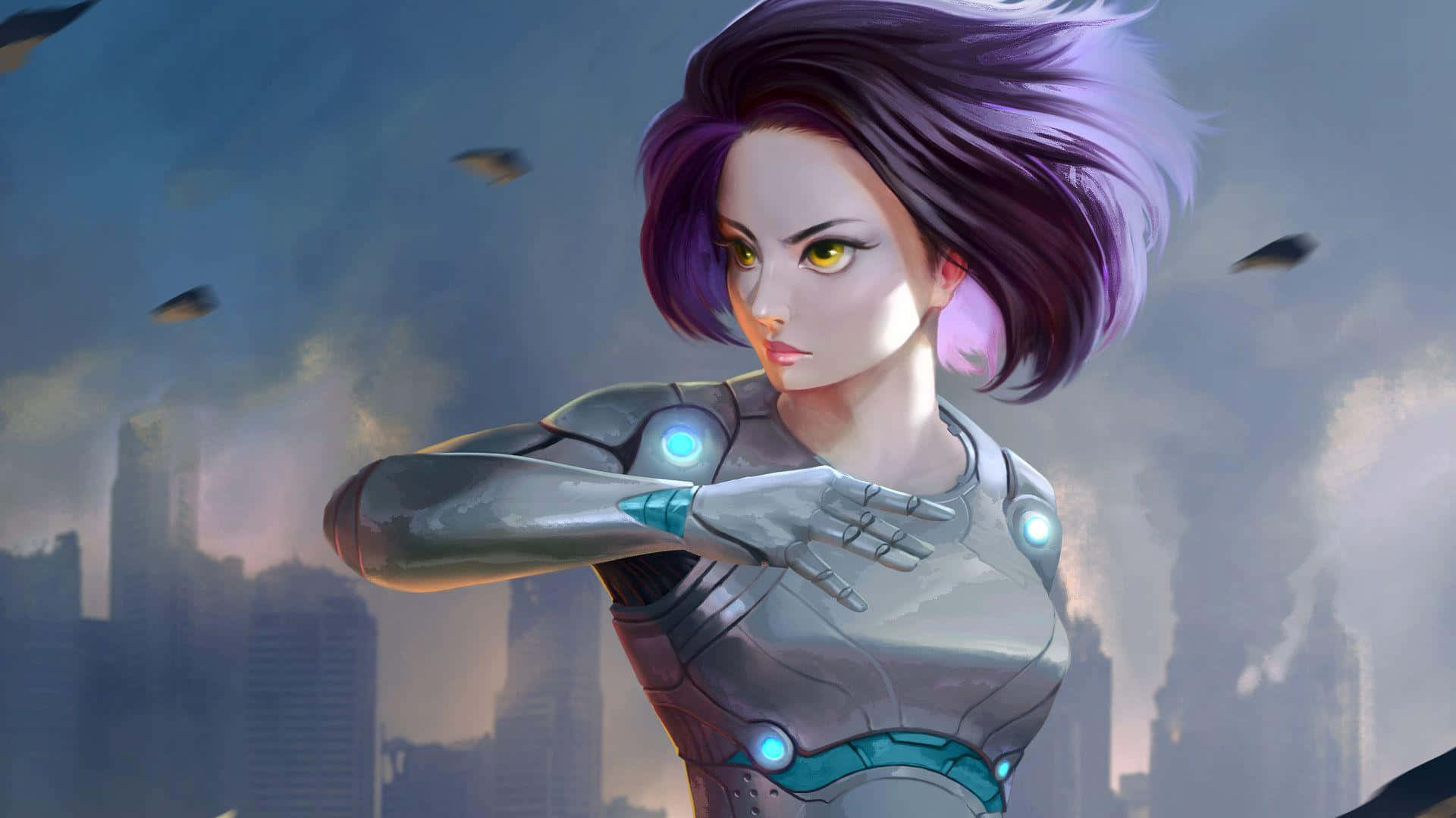 Alita Battle Angel 桌布 壁紙 — 一位擁有紫色頭髮和發光藍色裝甲的賽博格女性，在朦朧的未來城市天際線前擺好姿勢。