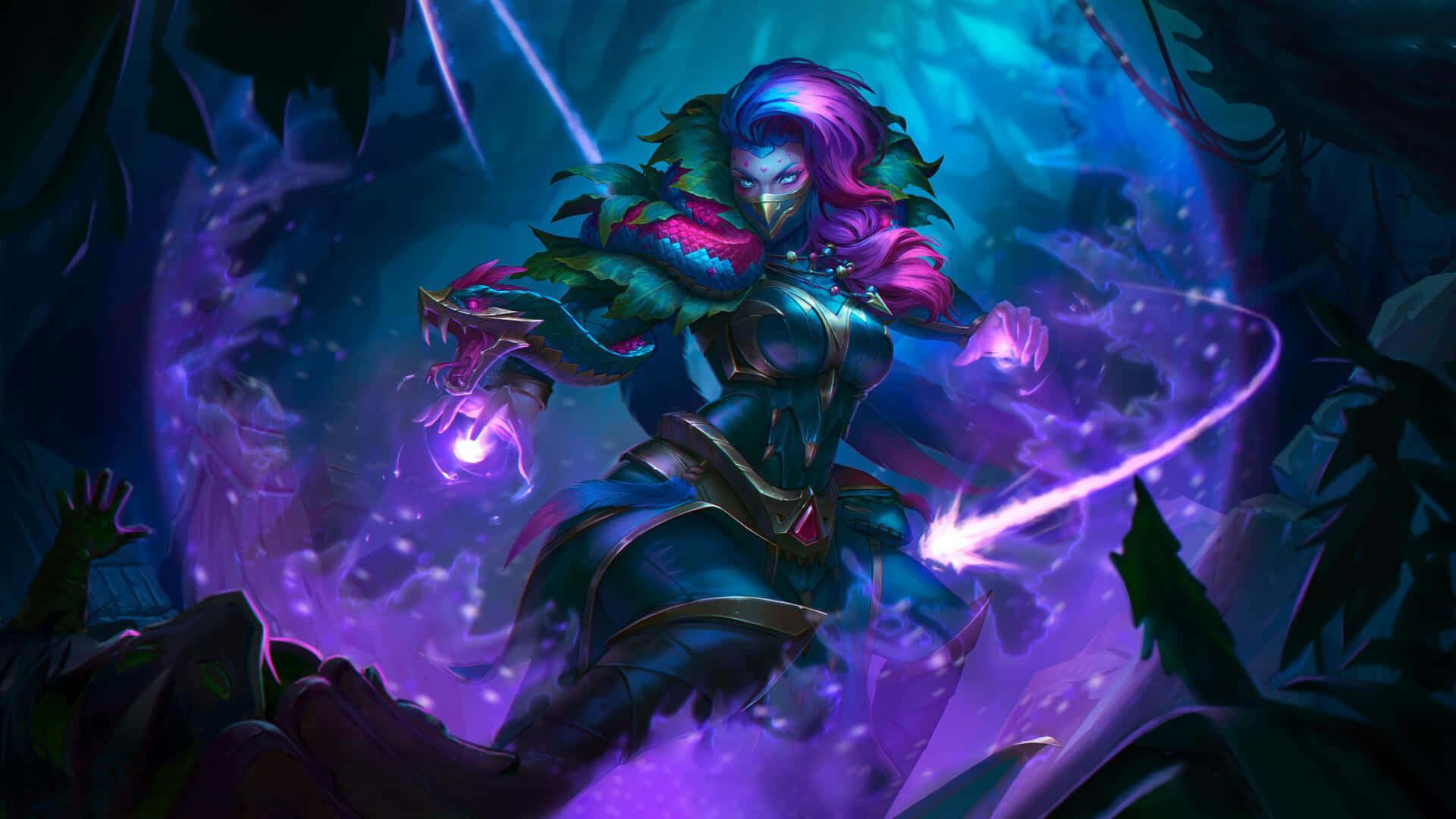 Mirana 桌布 壁紙 — 一位擁有紫色頭髮和發光魔法的神秘戰士，在黑暗魔法森林中揮舞能量。