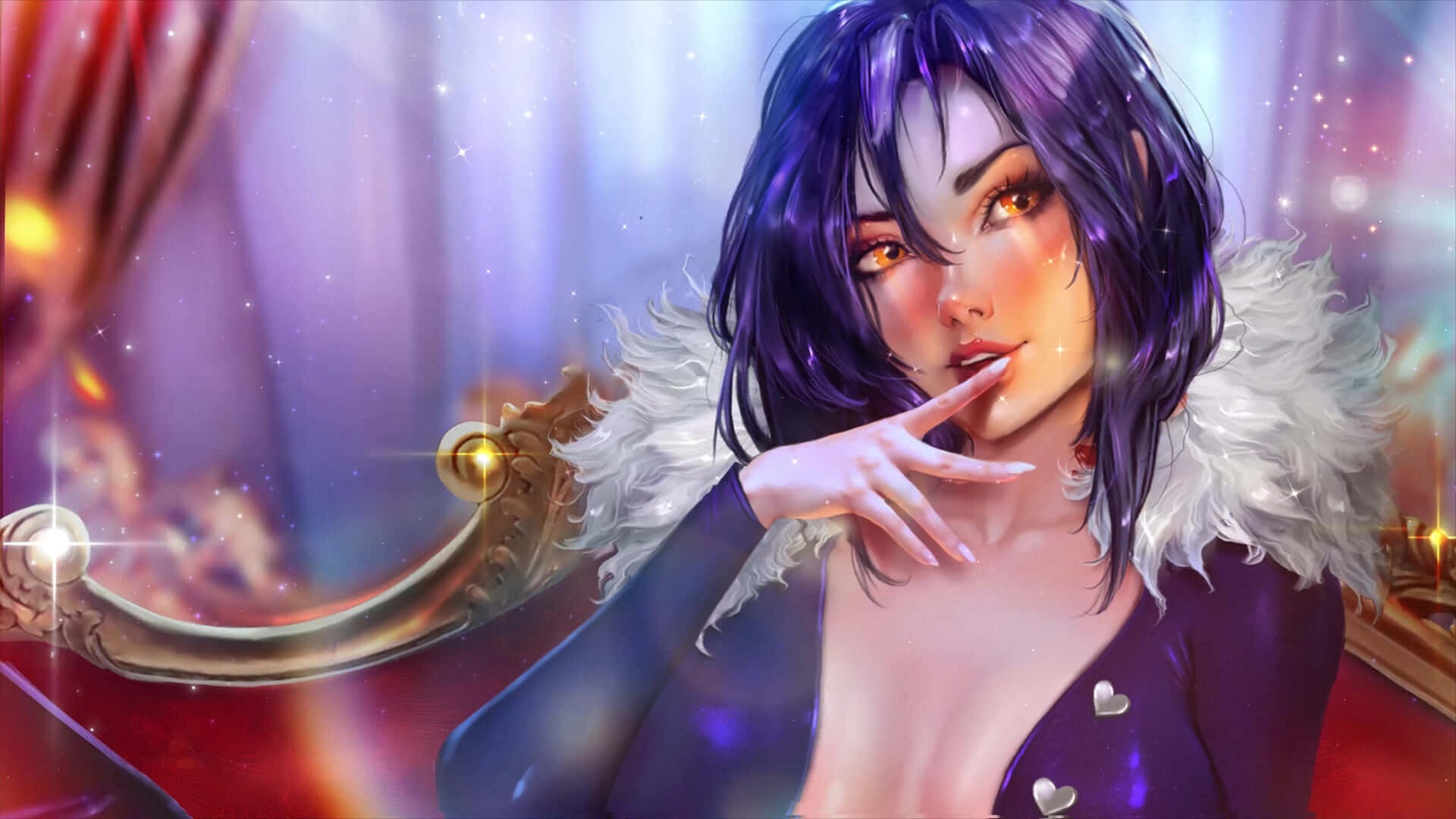Seven Deadly Sins Merlin 桌布 壁紙 — 一位擁有紫色頭髮和金色眼睛的迷人動漫女性，穿著帶有白色毛領的天鵝絨長袍，在閃閃發光的魔法背景下優雅地擺姿勢。